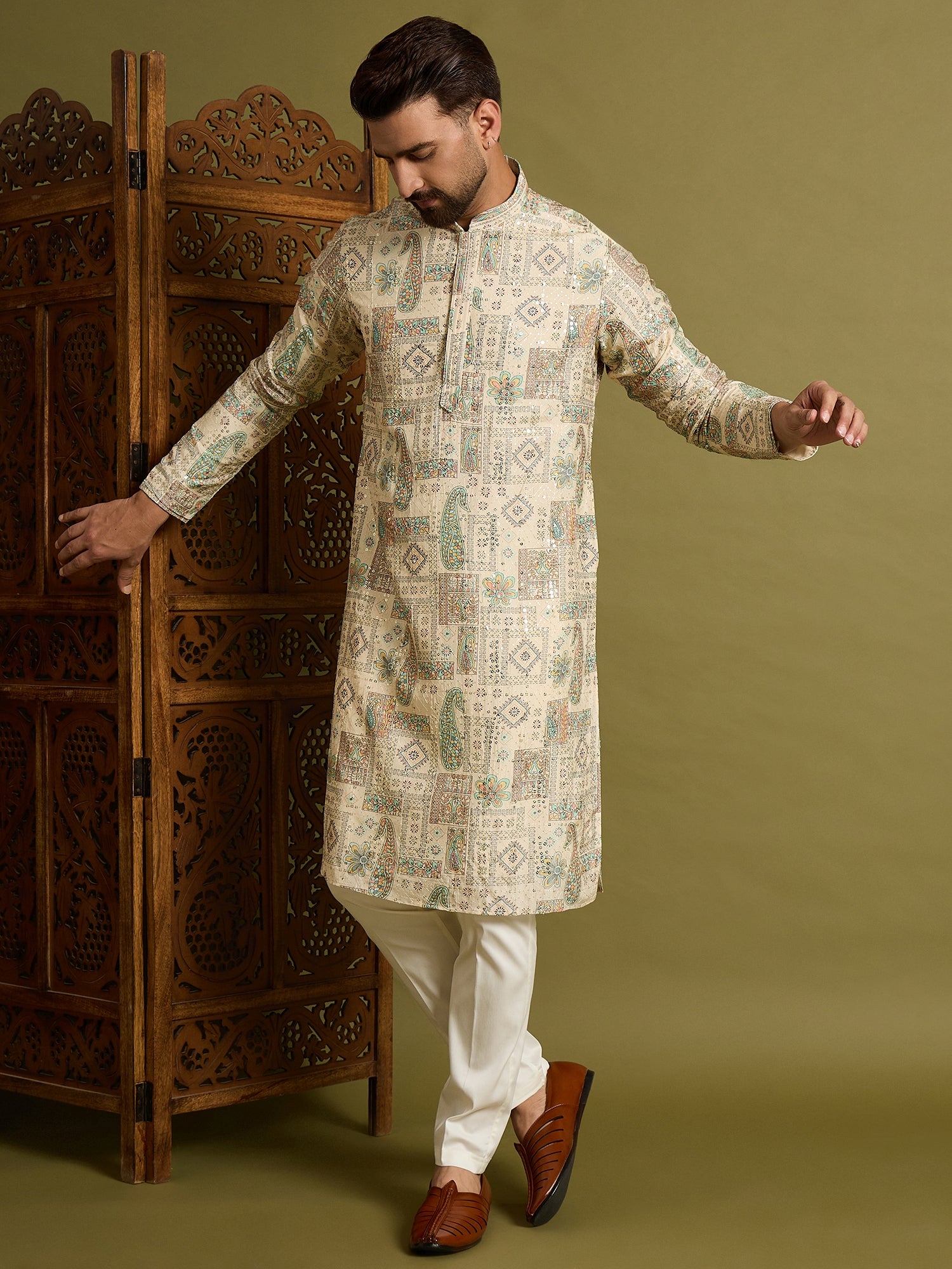 Off White Lucknowi Printed Kurta Trouser Set