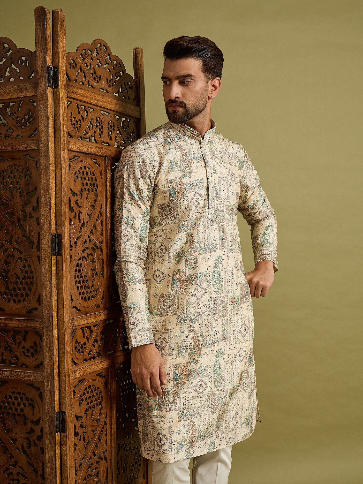 Off White Lucknowi Printed Kurta Trouser Set