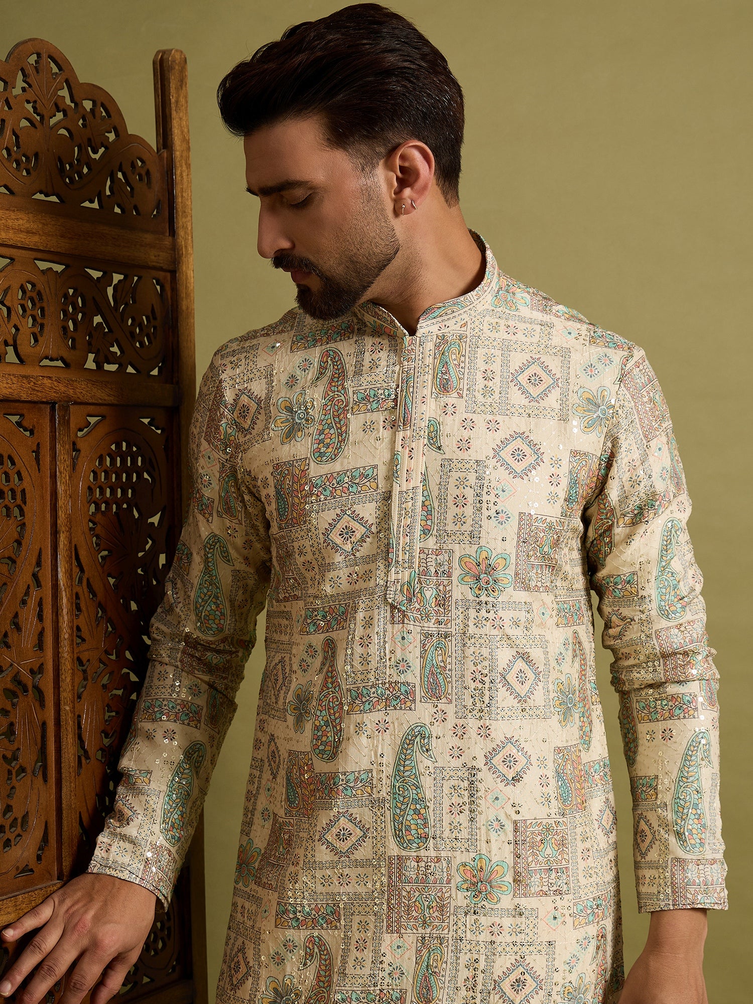 Off White Lucknowi Printed Kurta Trouser Set