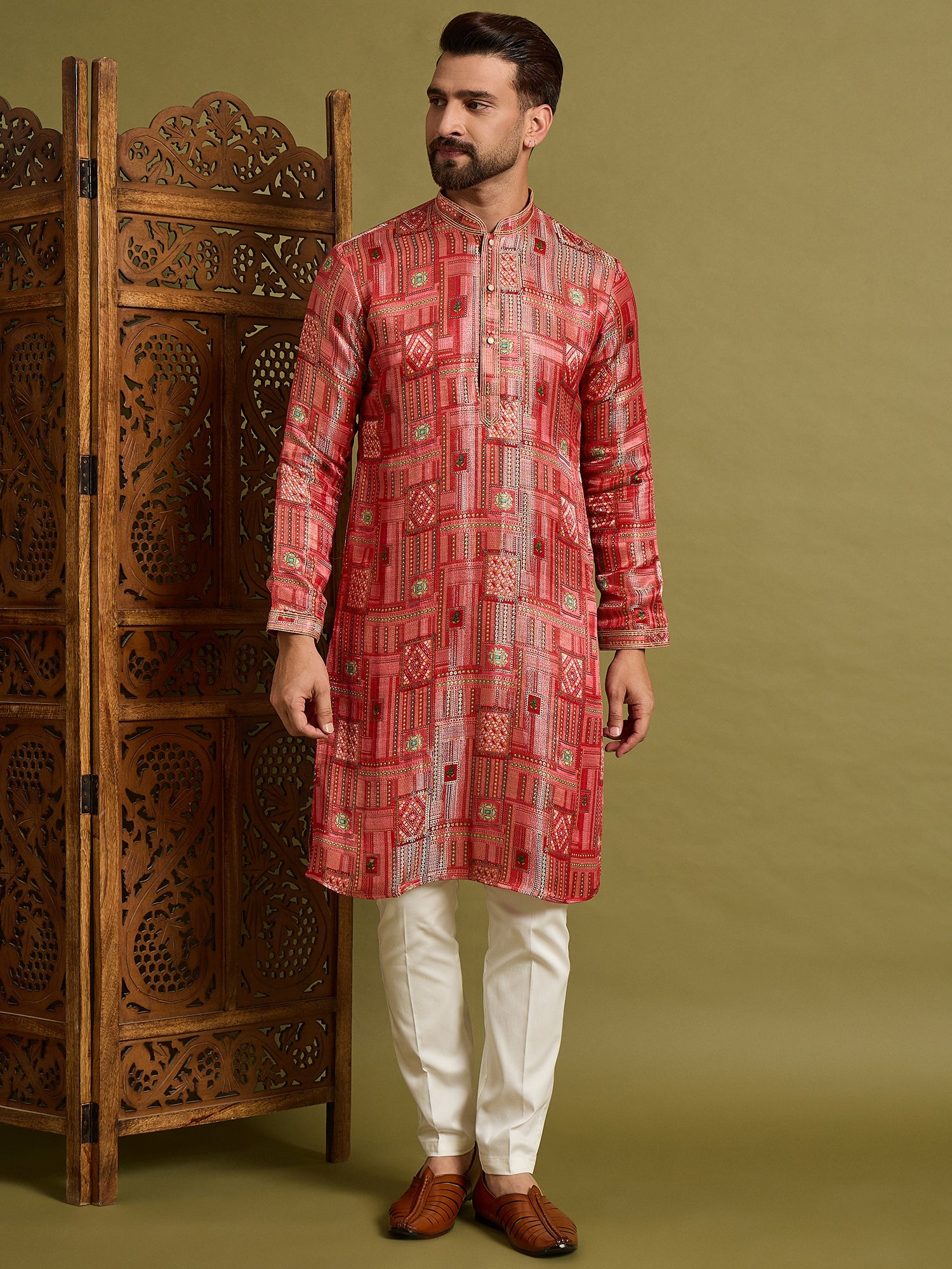Red Brocket Silk Kurta Trouser Set