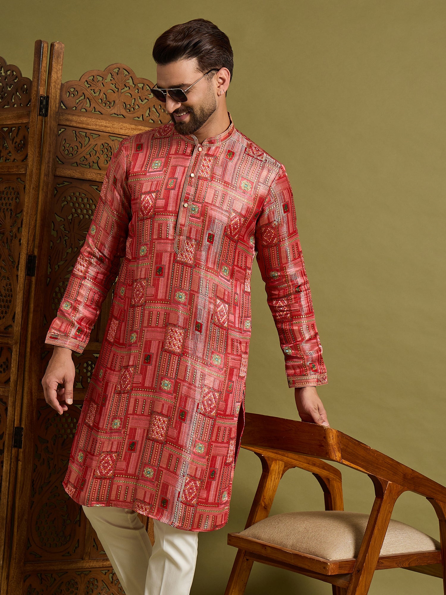 Red Brocket Silk Kurta Trouser Set
