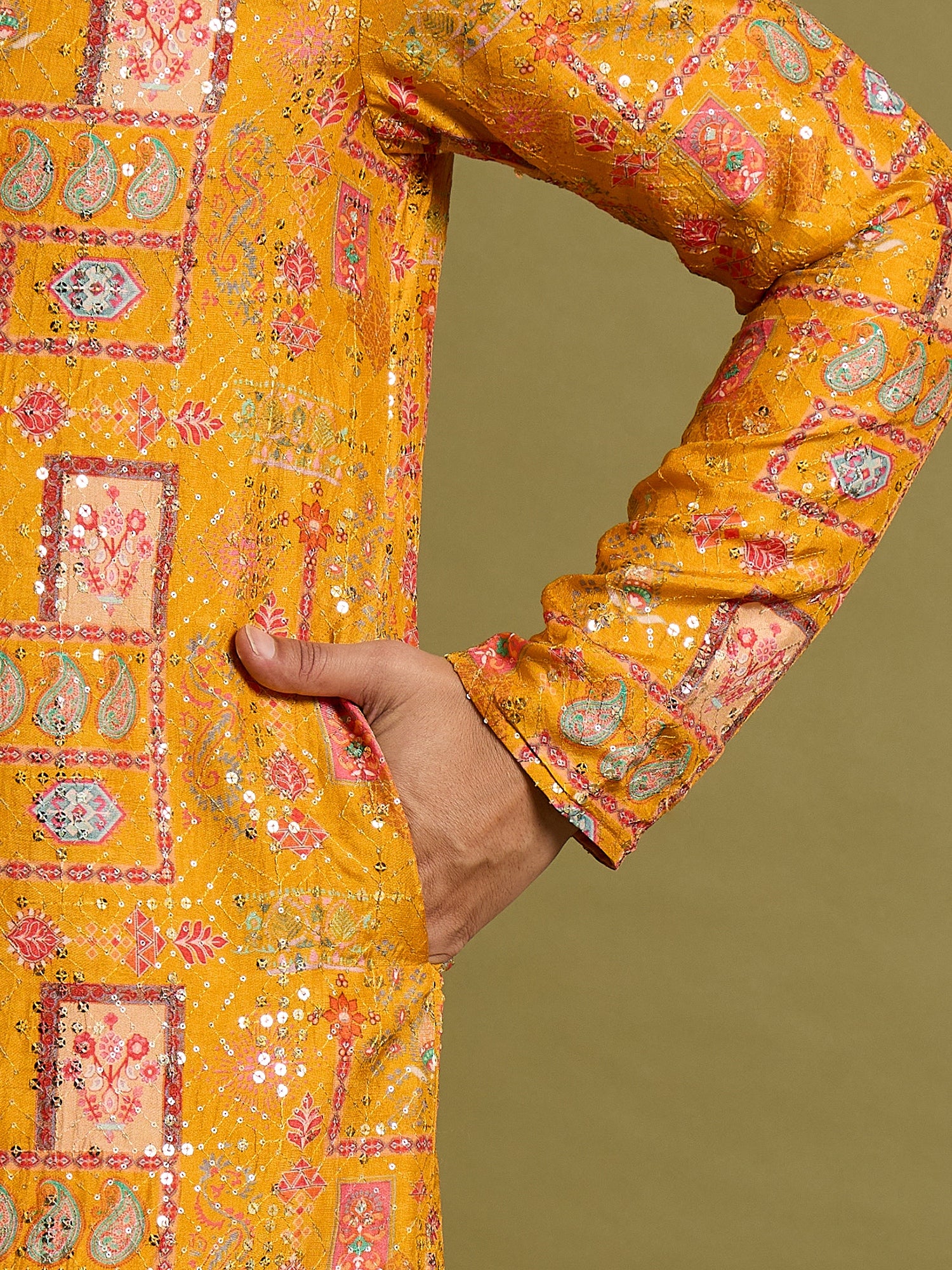 Yellow Lucknowi Print Kurta Trouser Set