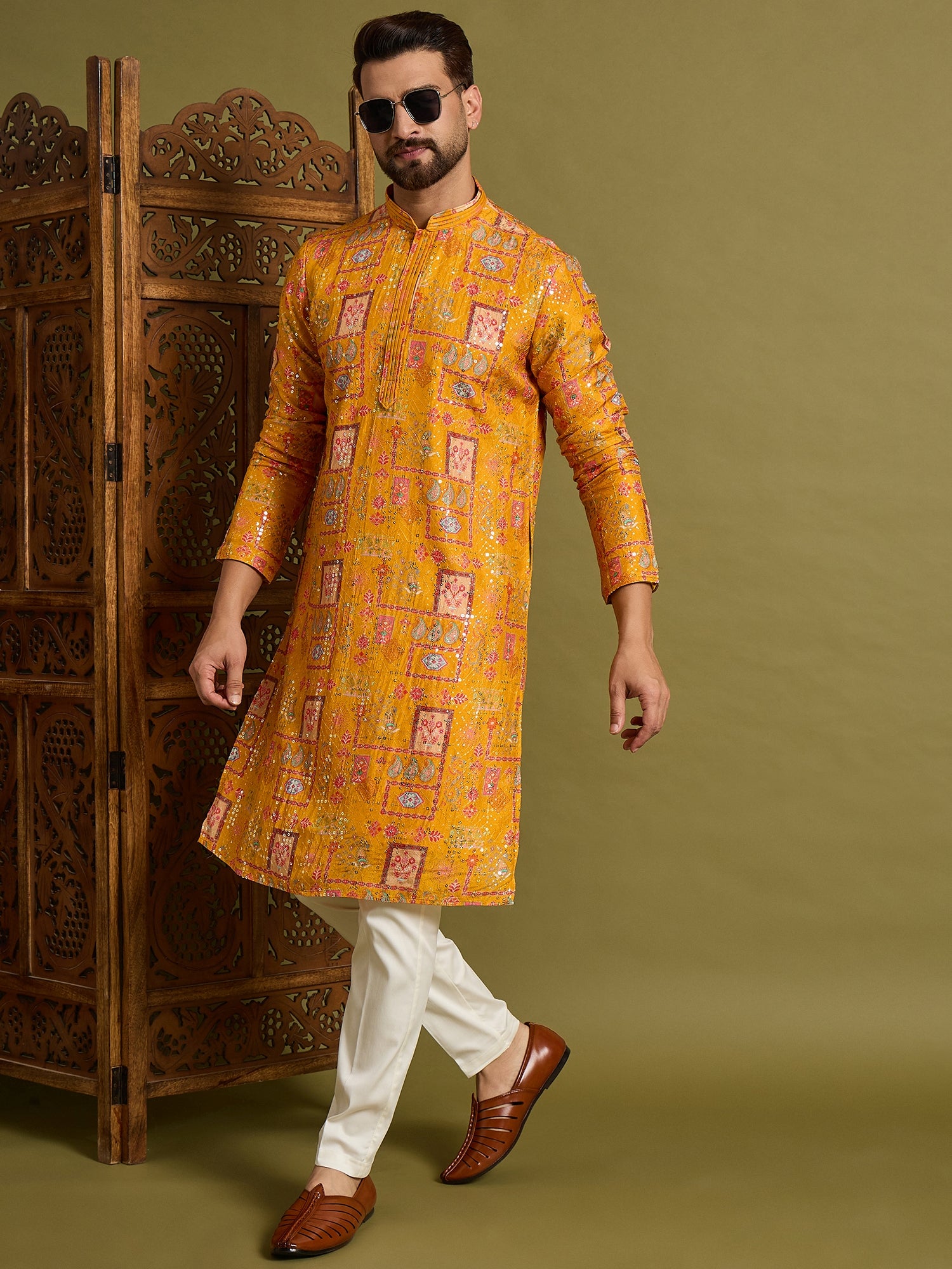 Yellow Lucknowi Print Kurta Trouser Set