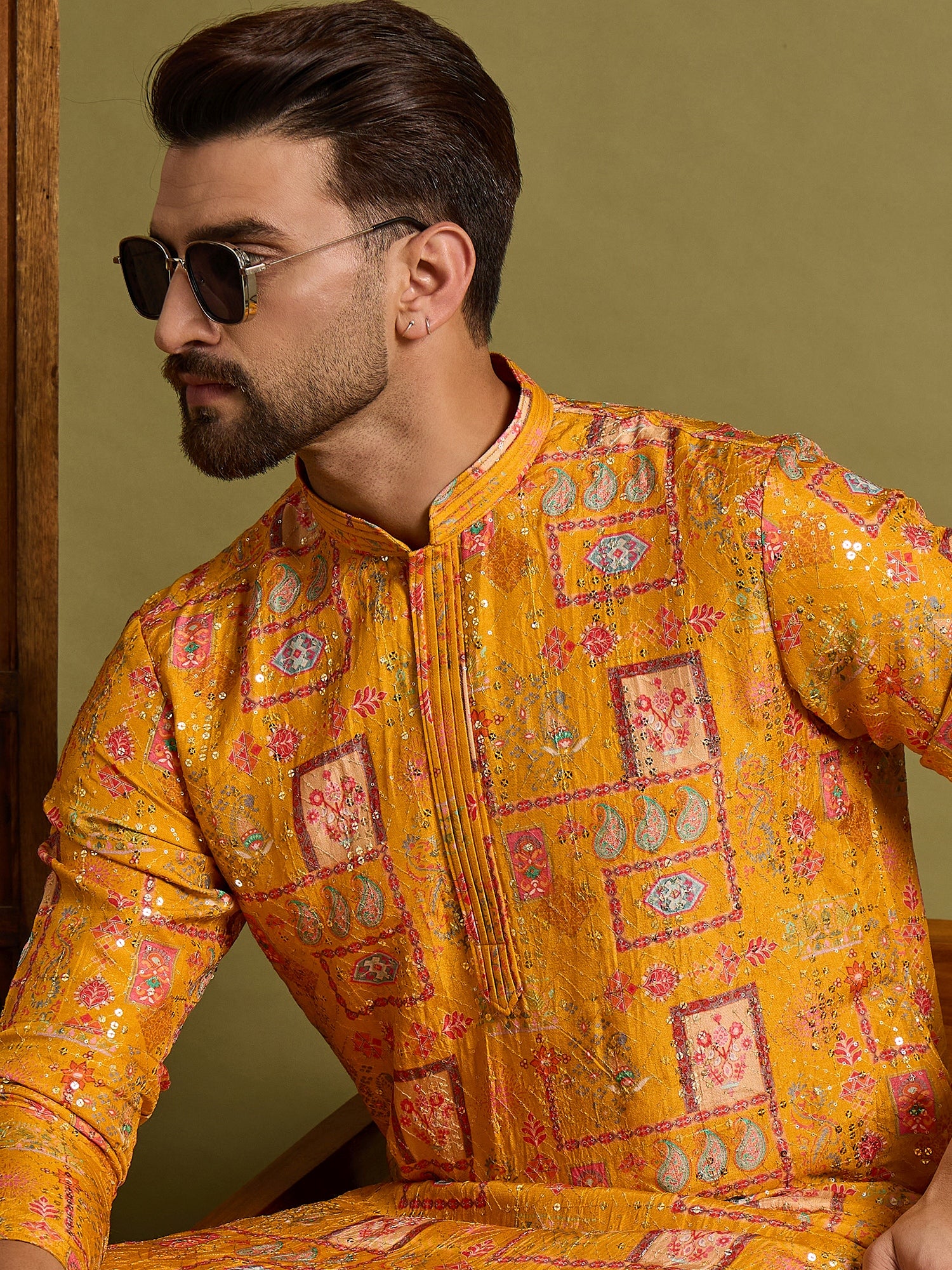 Yellow Lucknowi Print Kurta Trouser Set