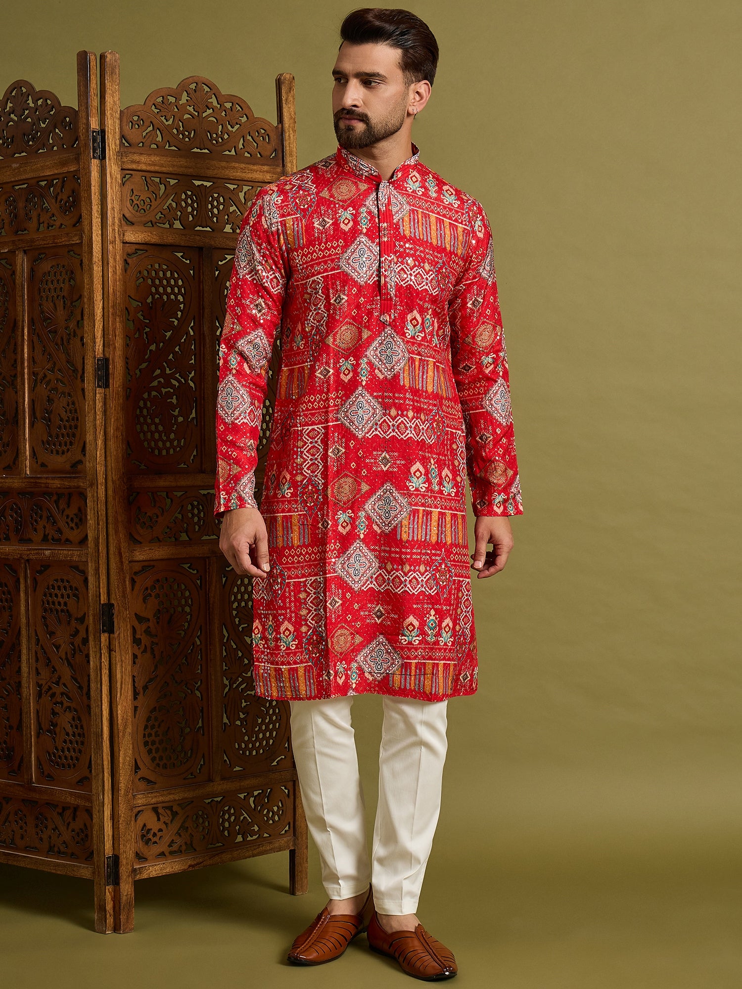Red Lucknowi Print Kurta Set