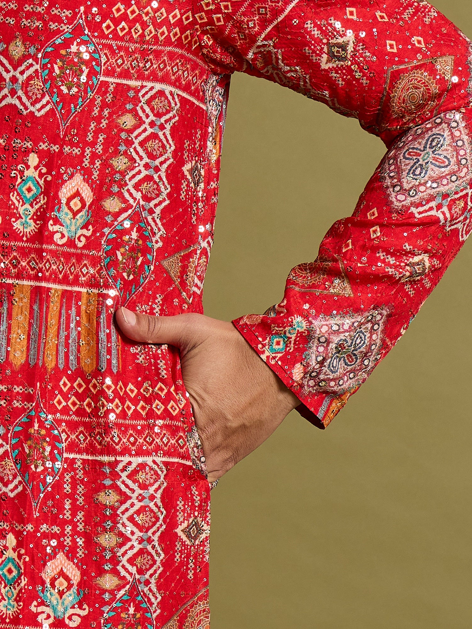 Red Lucknowi Print Kurta Set