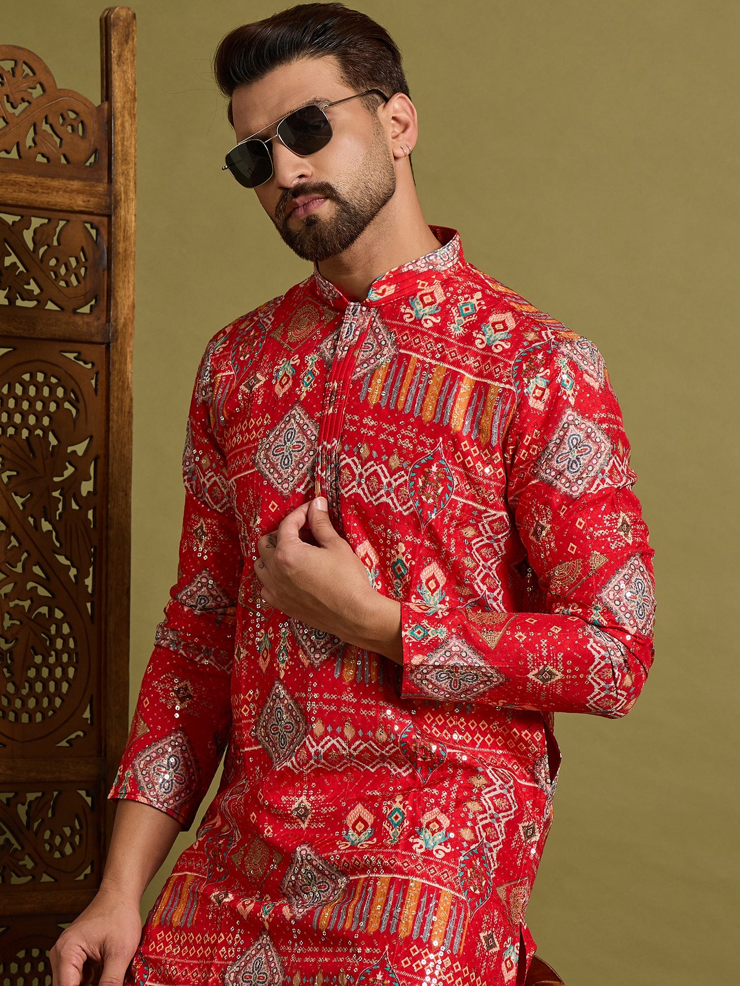 Red Lucknowi Print Kurta Set