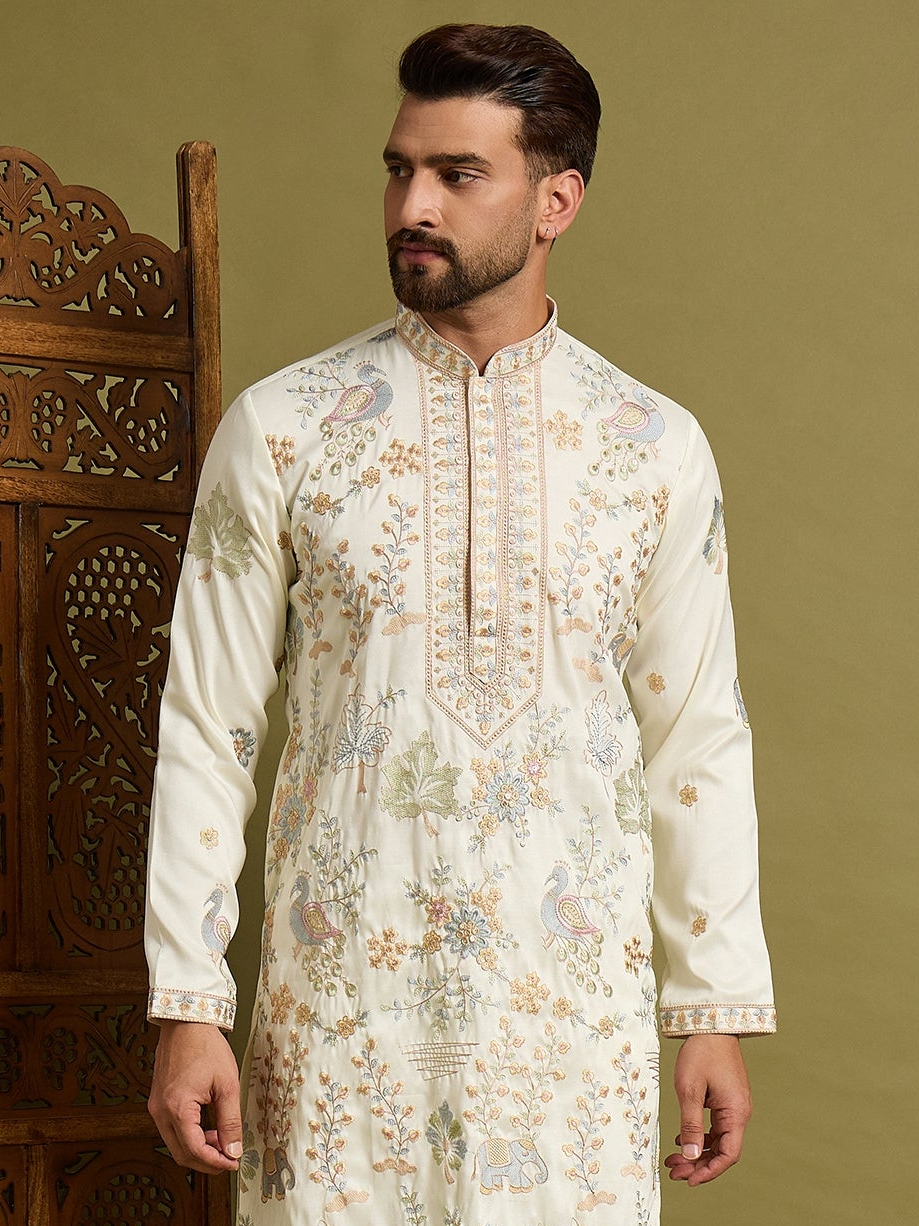 Off White Embroidered Figure Print Kurta Set