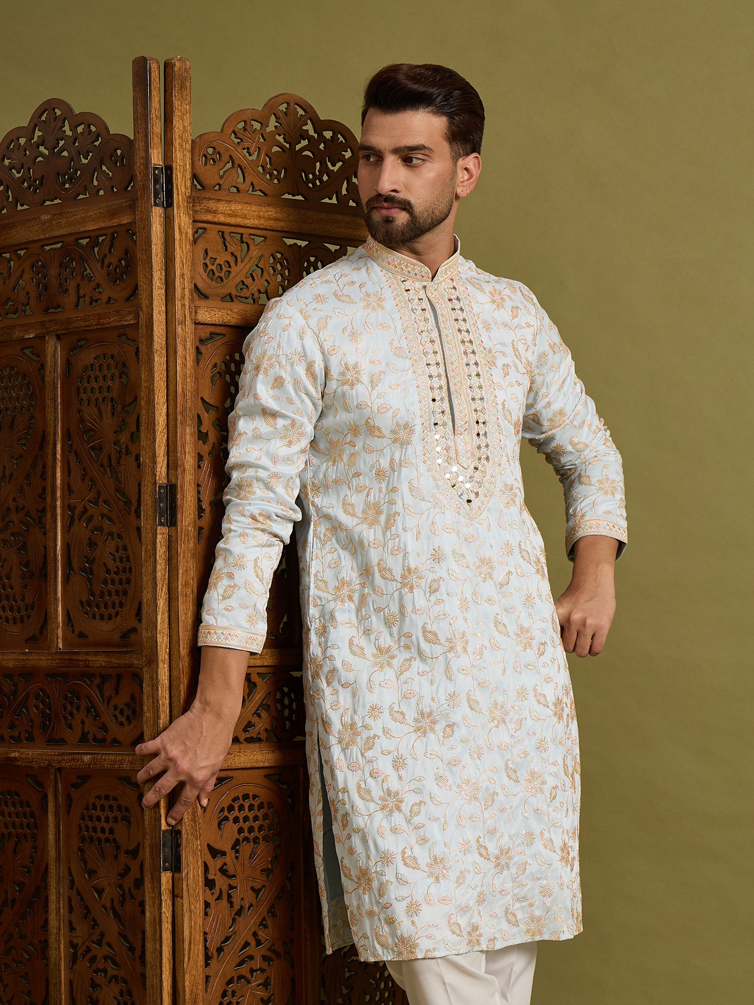 Sky Blue Mirror Work with Embroidery Kurta Trouser Set
