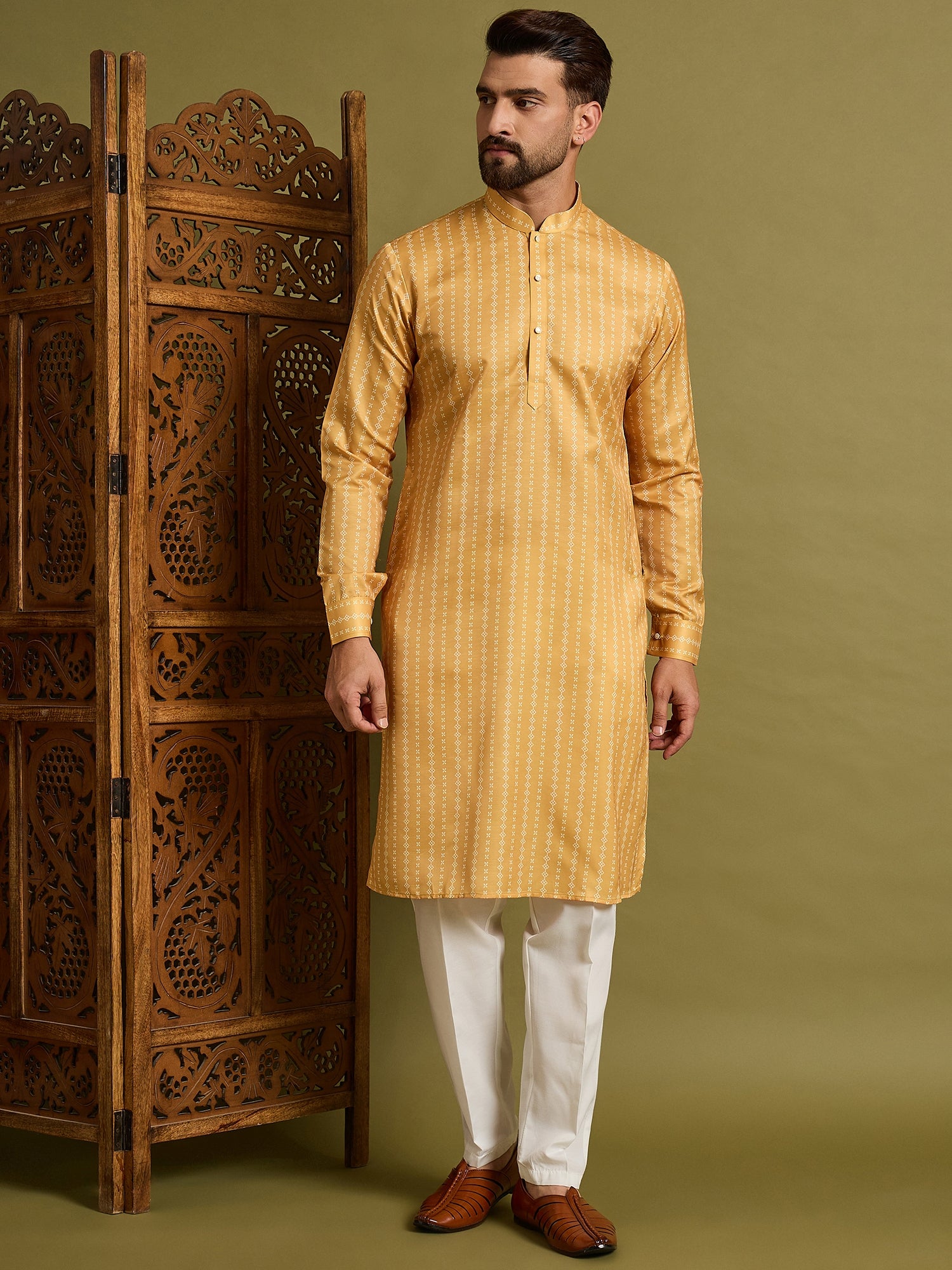 Yellow Slub Silk Kurta Set