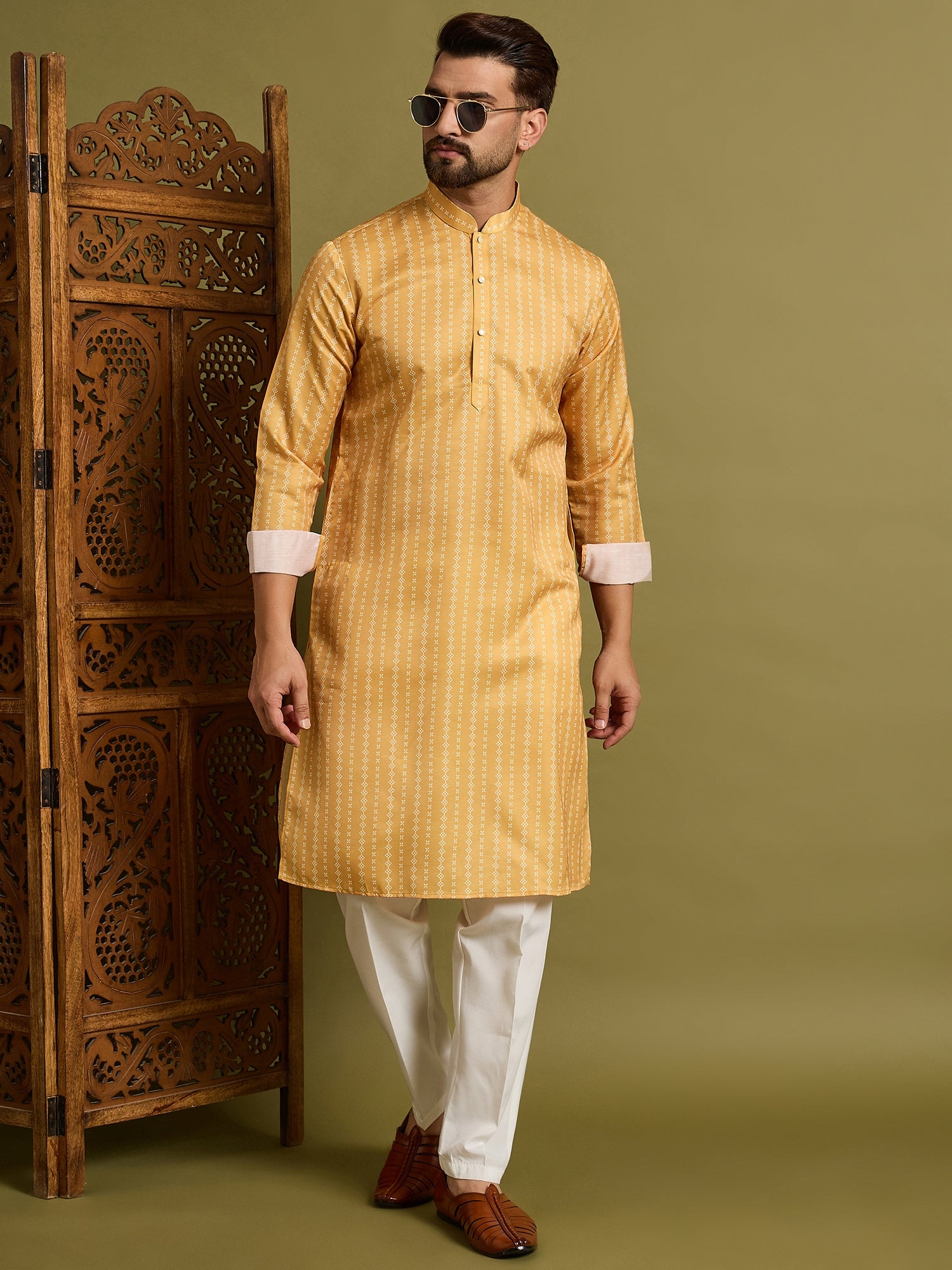 Yellow Slub Silk Kurta Set