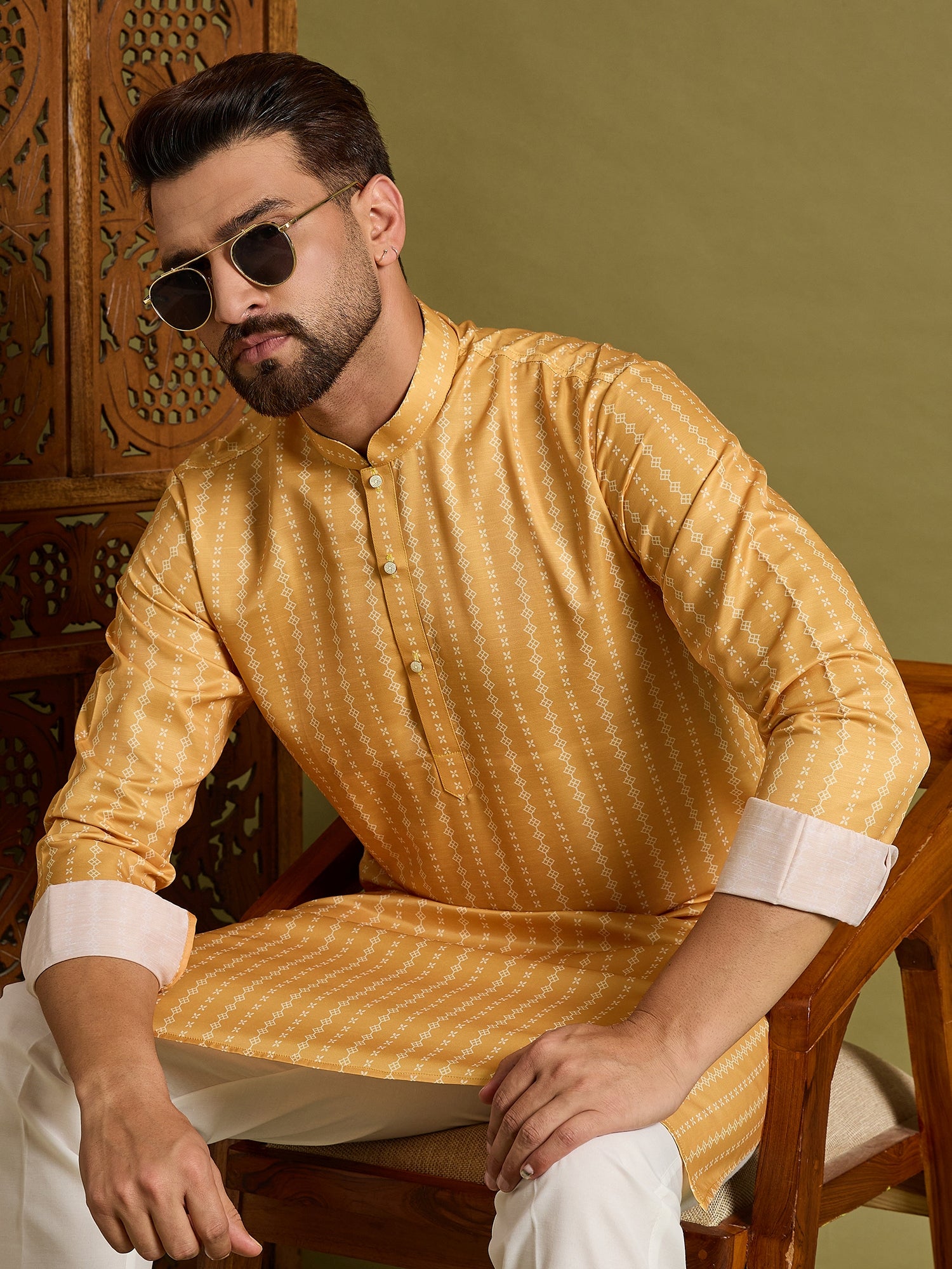 Yellow Slub Silk Kurta Set