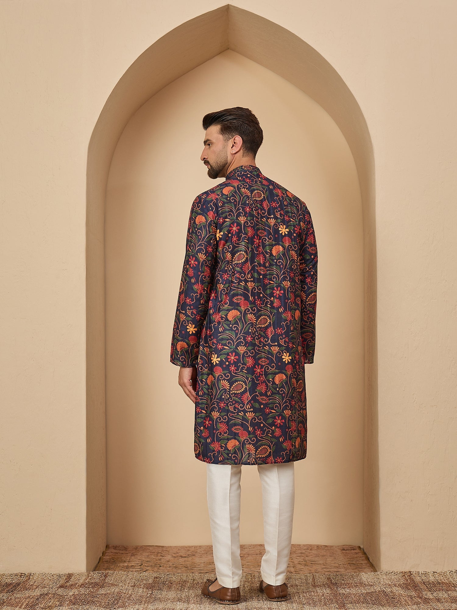 Navy Blue Silk Printed Kurta Set