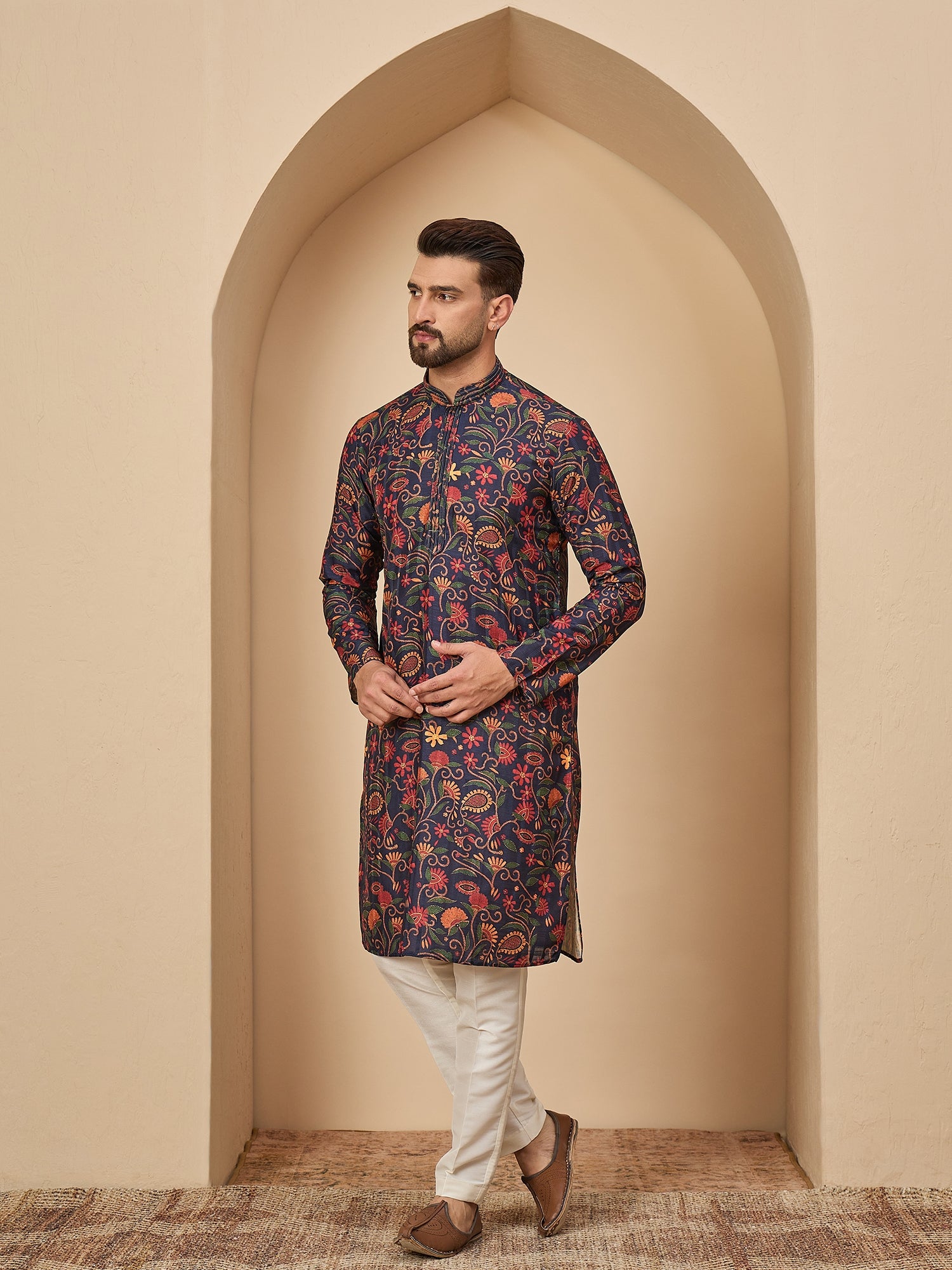 Navy Blue Silk Printed Kurta Set