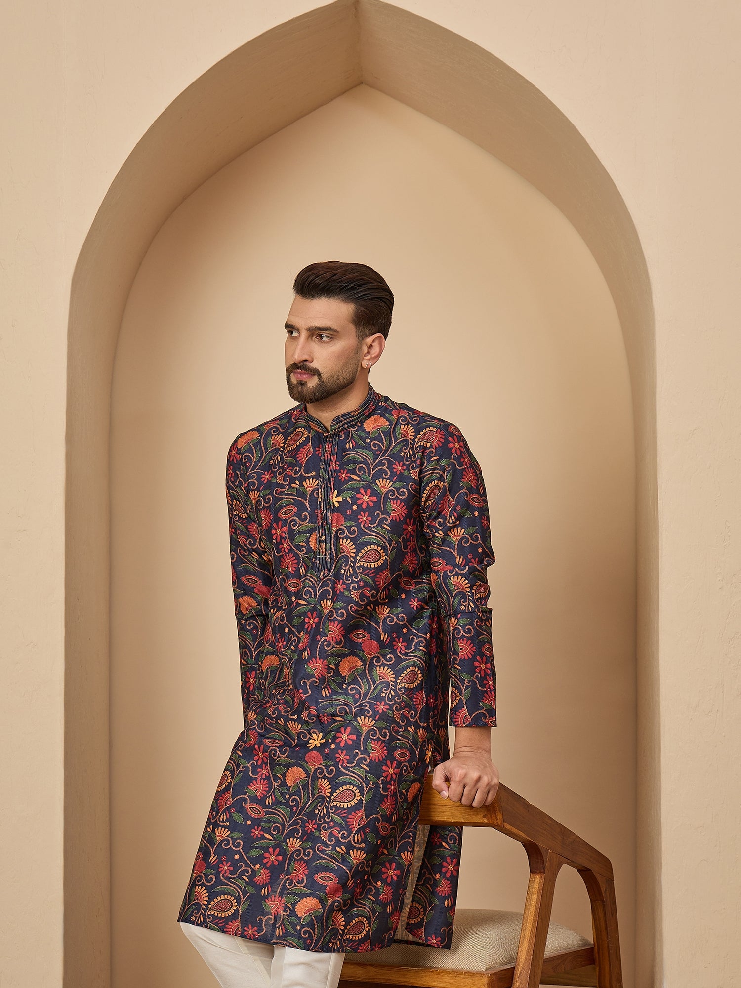 Navy Blue Silk Printed Kurta Set