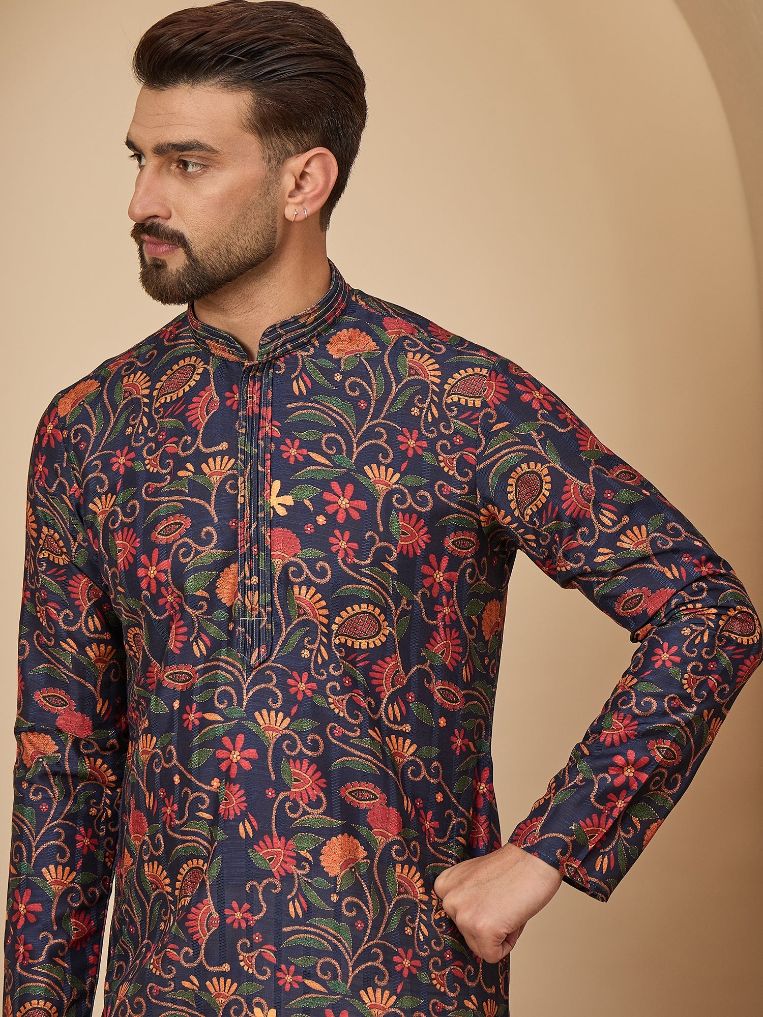 Navy Blue Silk Printed Kurta Set