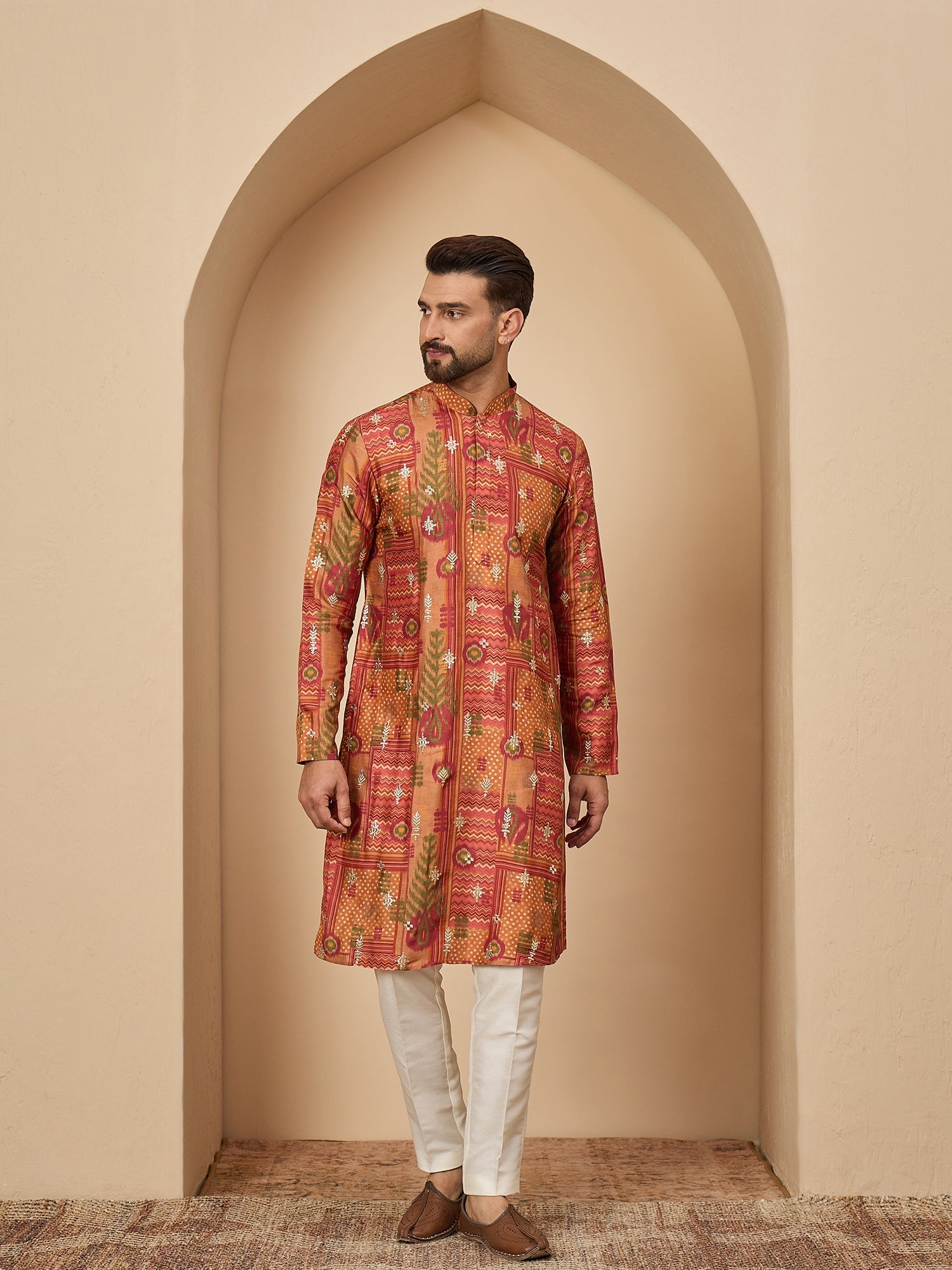 Rust Printed Silk Kurta Trouser Set