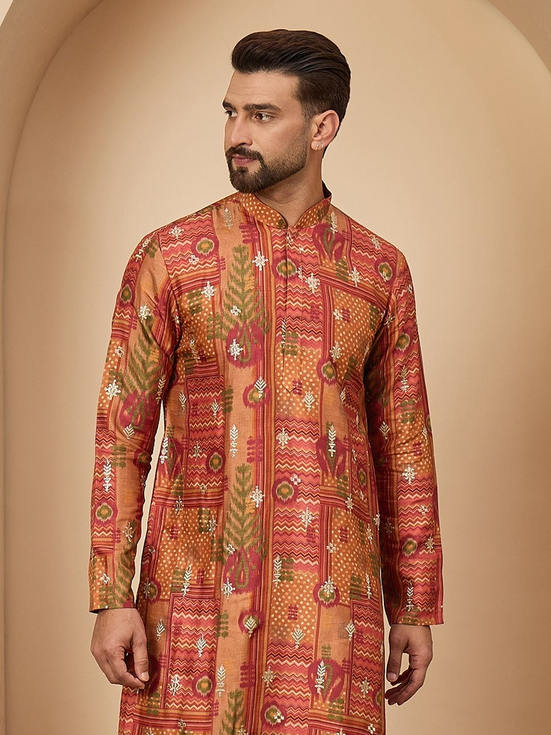 Rust Printed Silk Kurta Trouser Set