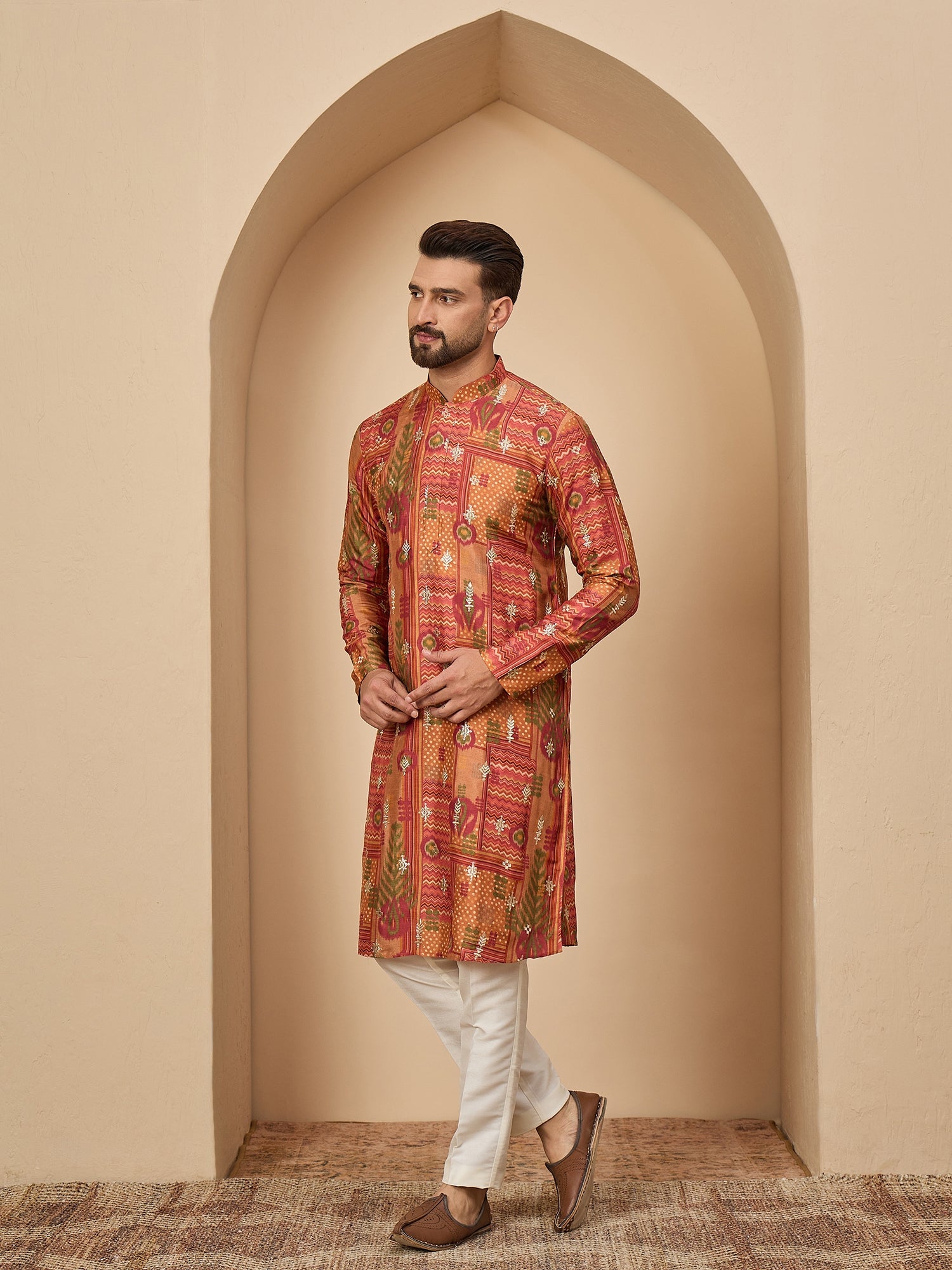 Rust Printed Silk Kurta Trouser Set