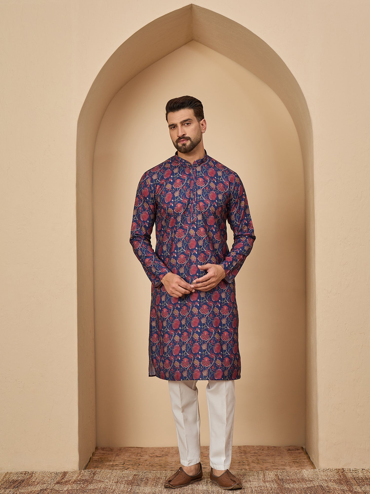 Navy Blue Cotton Blend Kurta Set