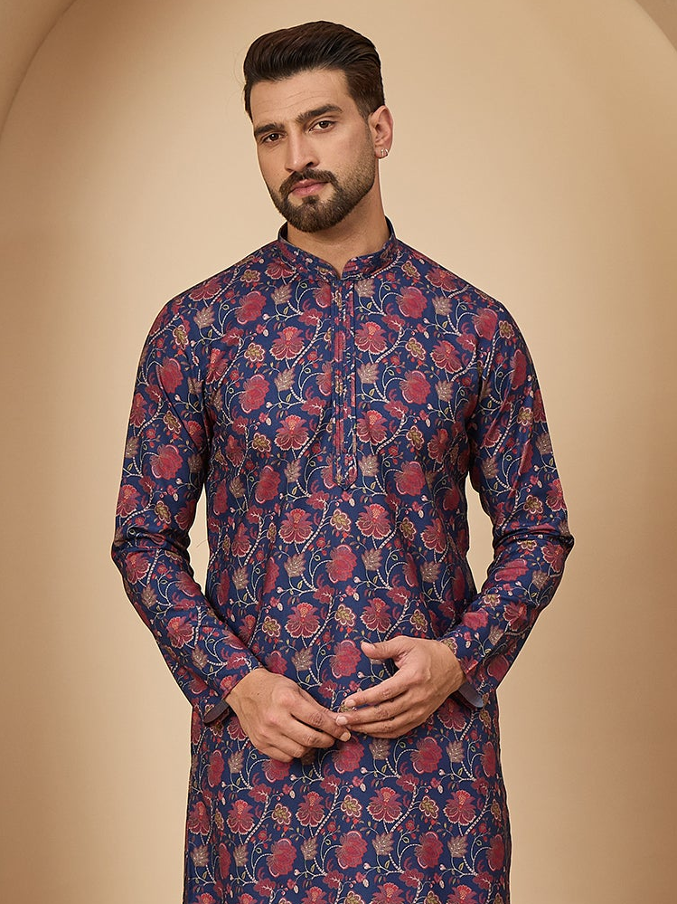 Navy Blue Cotton Blend Kurta Set