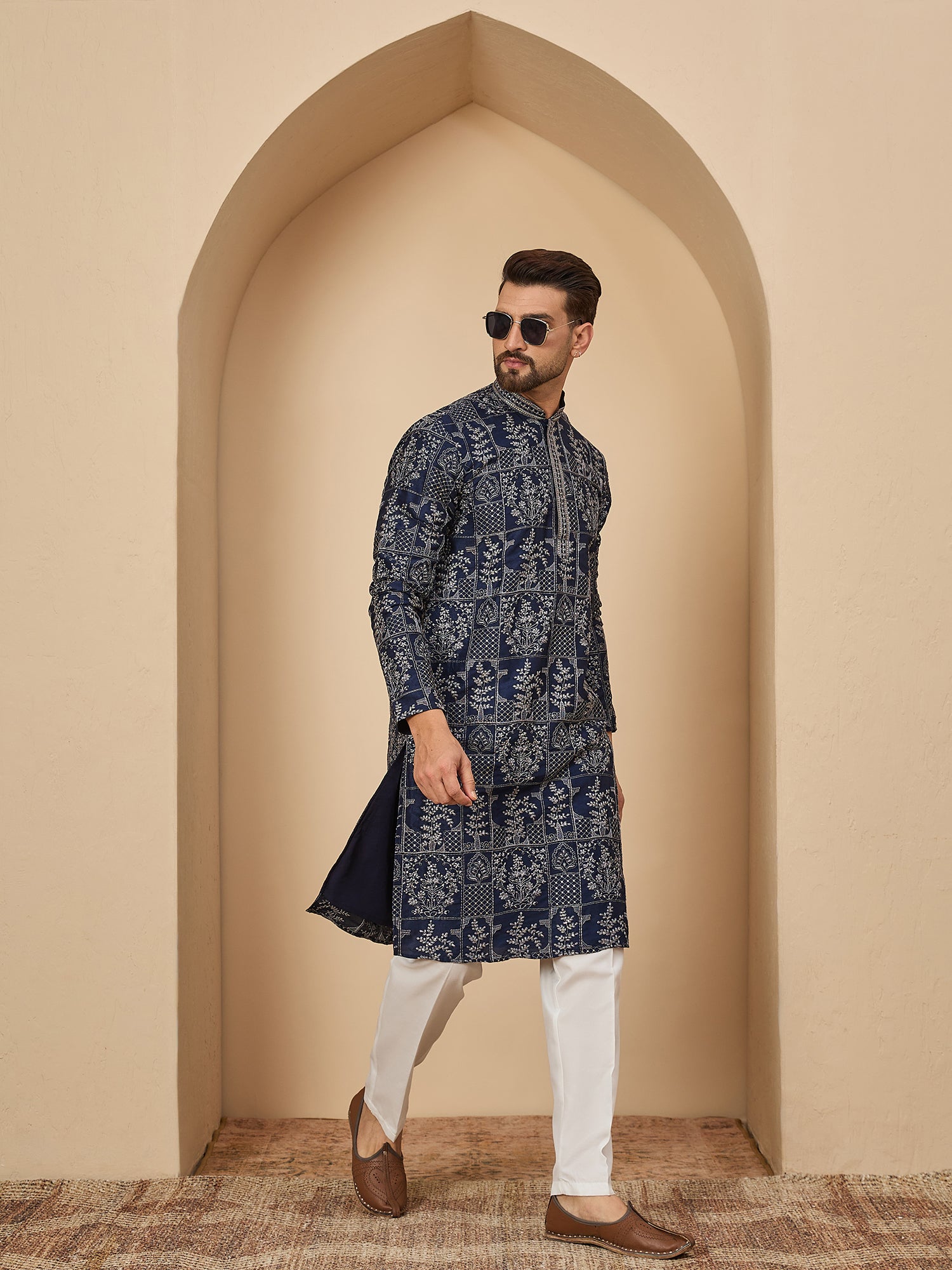Navy Blue Embroidered Kurta Trouser Set