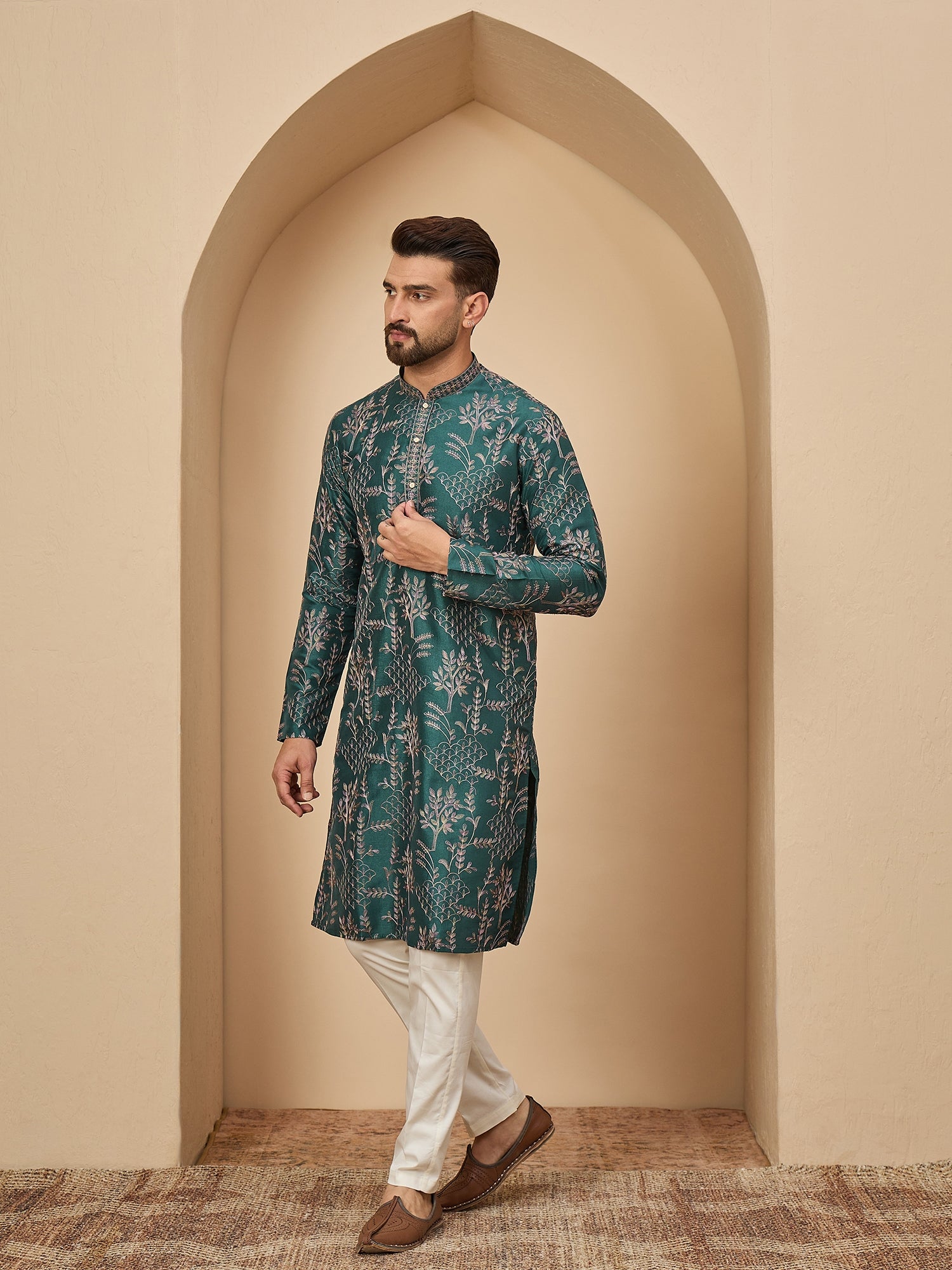 Teal Embroidered Kurta Trouser Set