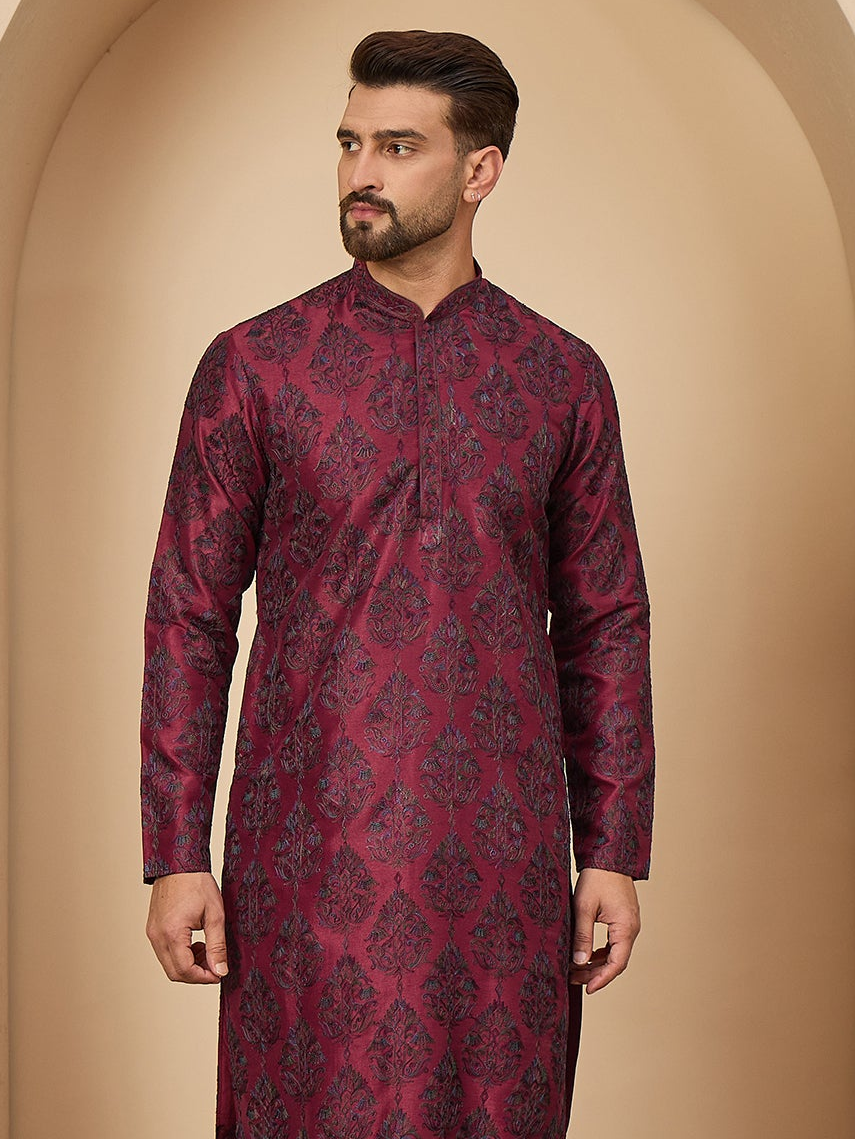 Red Maroon Kashmiri Embroidered Kurta Trouser Set