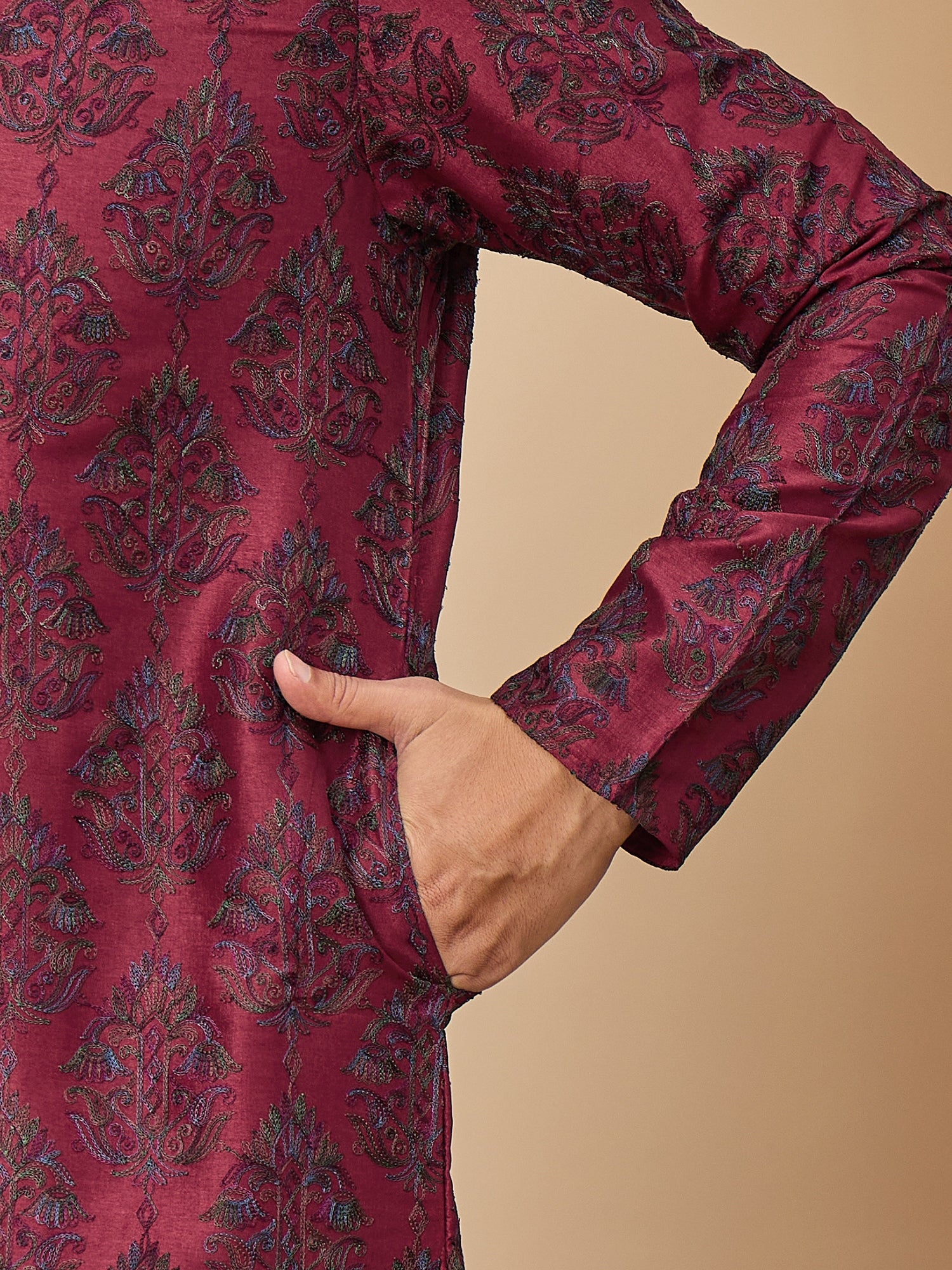 Red Maroon Kashmiri Embroidered Kurta Trouser Set
