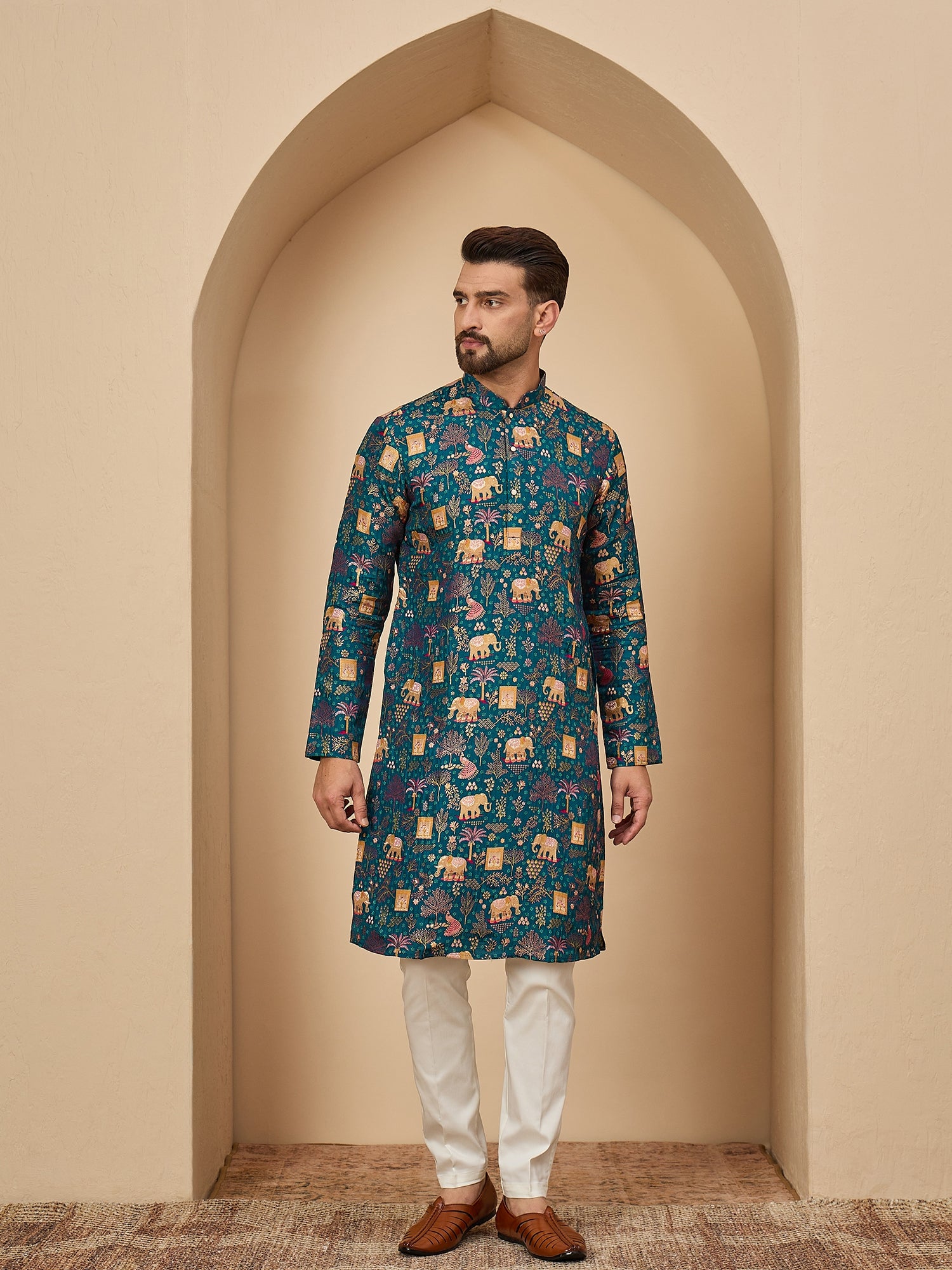 Teal Brocket Soft Silk Kurta Trouser Set