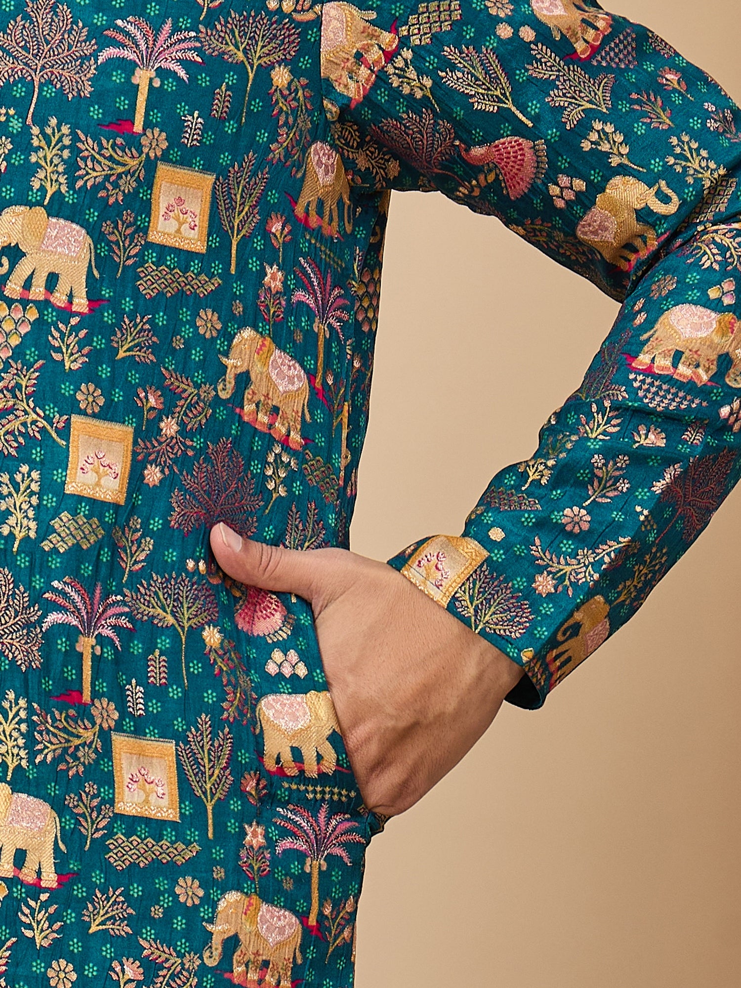 Teal Brocket Soft Silk Kurta Trouser Set