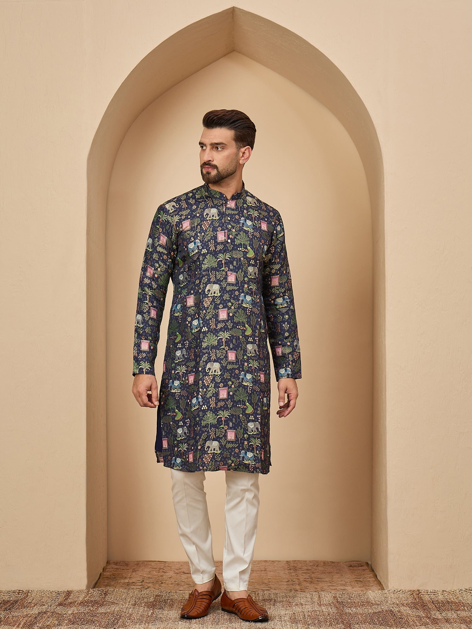 Navy Blue Brocket Soft Silk Kurta Trouser Set