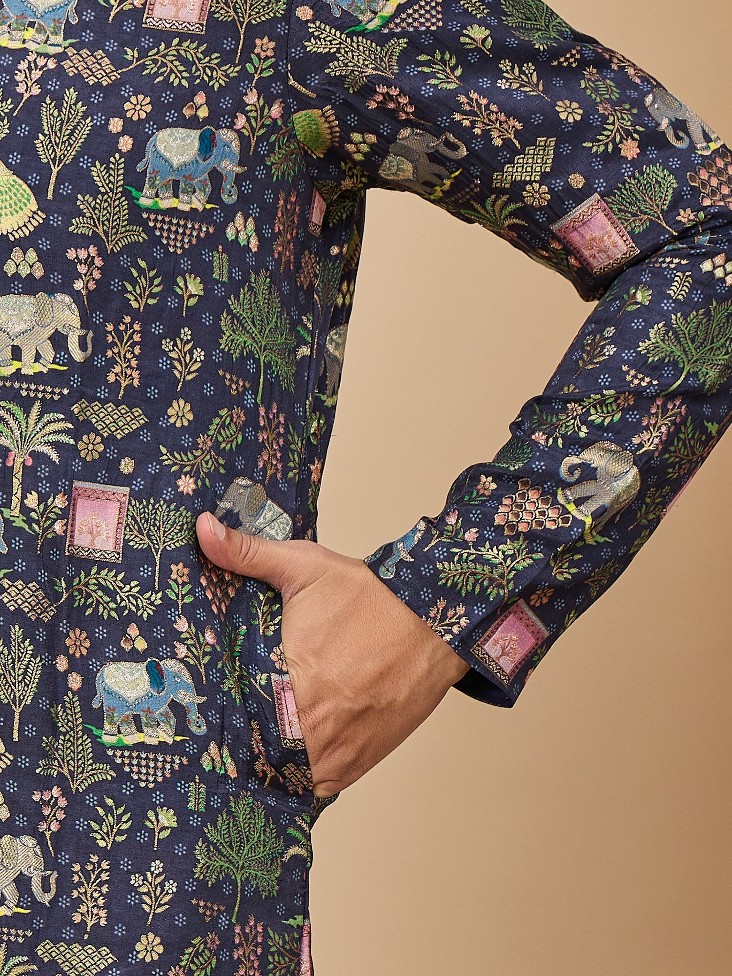 Navy Blue Brocket Soft Silk Kurta Trouser Set