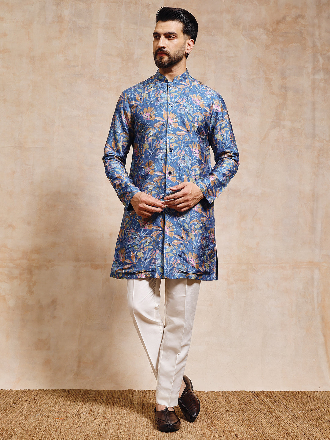 Magnet Men's Teal Blue Tusser Silk with Mirror Work Kurta Trouser Set
