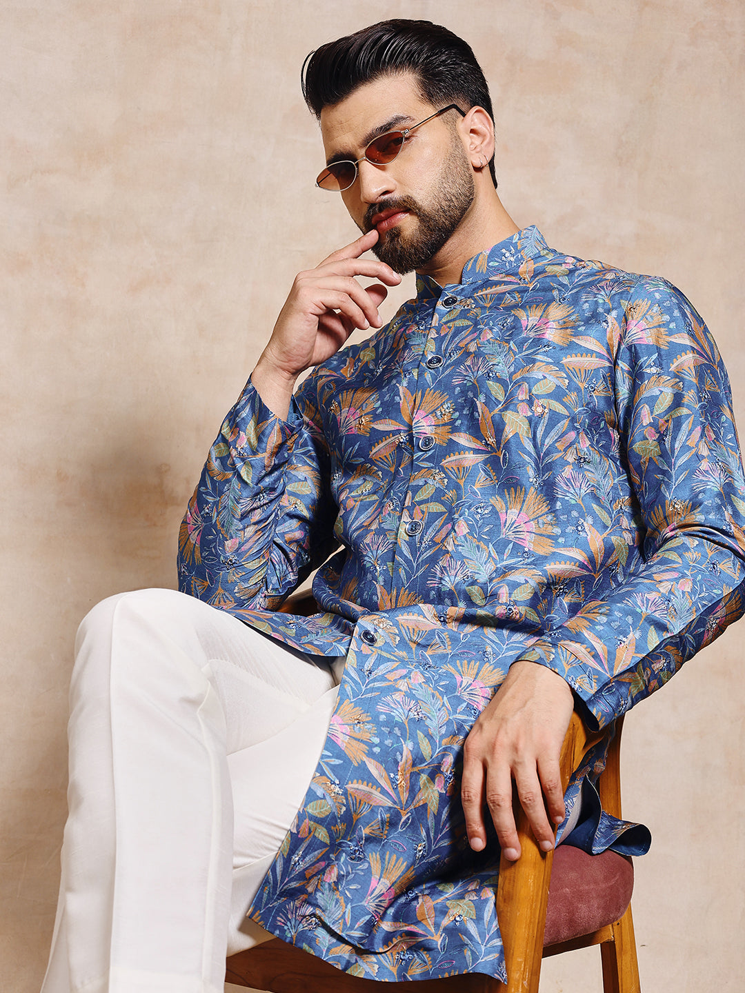 Magnet Men's Teal Blue Tusser Silk with Mirror Work Kurta Trouser Set