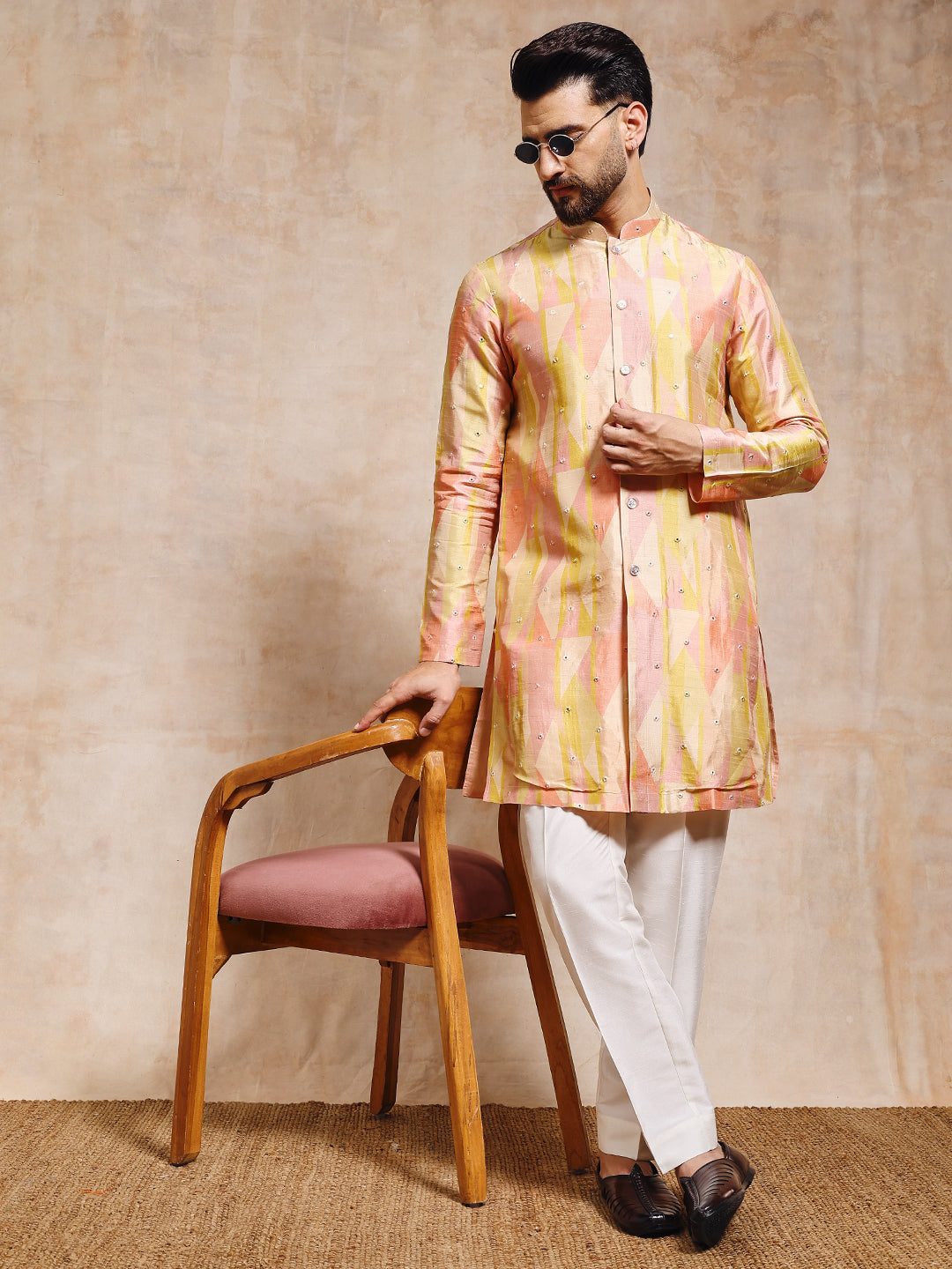 Men Printed Tussar Silk with Mirror Work Kurta Trouser Set