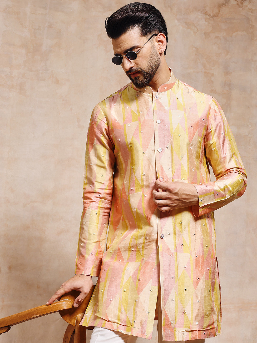 Men Printed Tussar Silk with Mirror Work Kurta Trouser Set