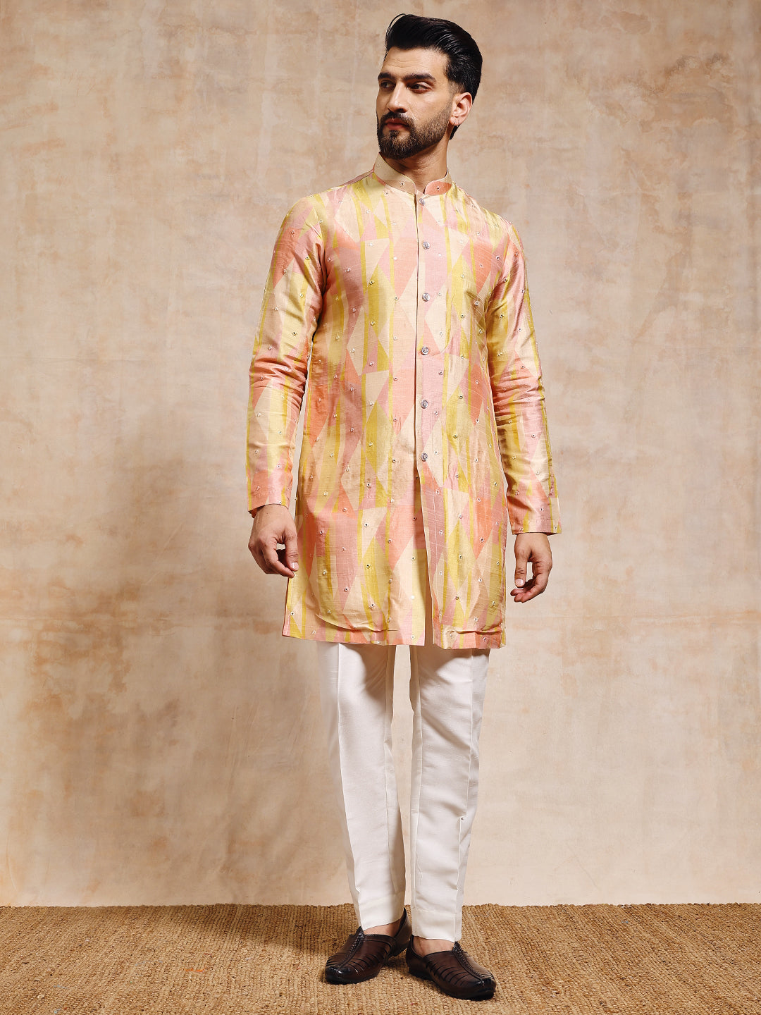 Men Printed Tussar Silk with Mirror Work Kurta Trouser Set