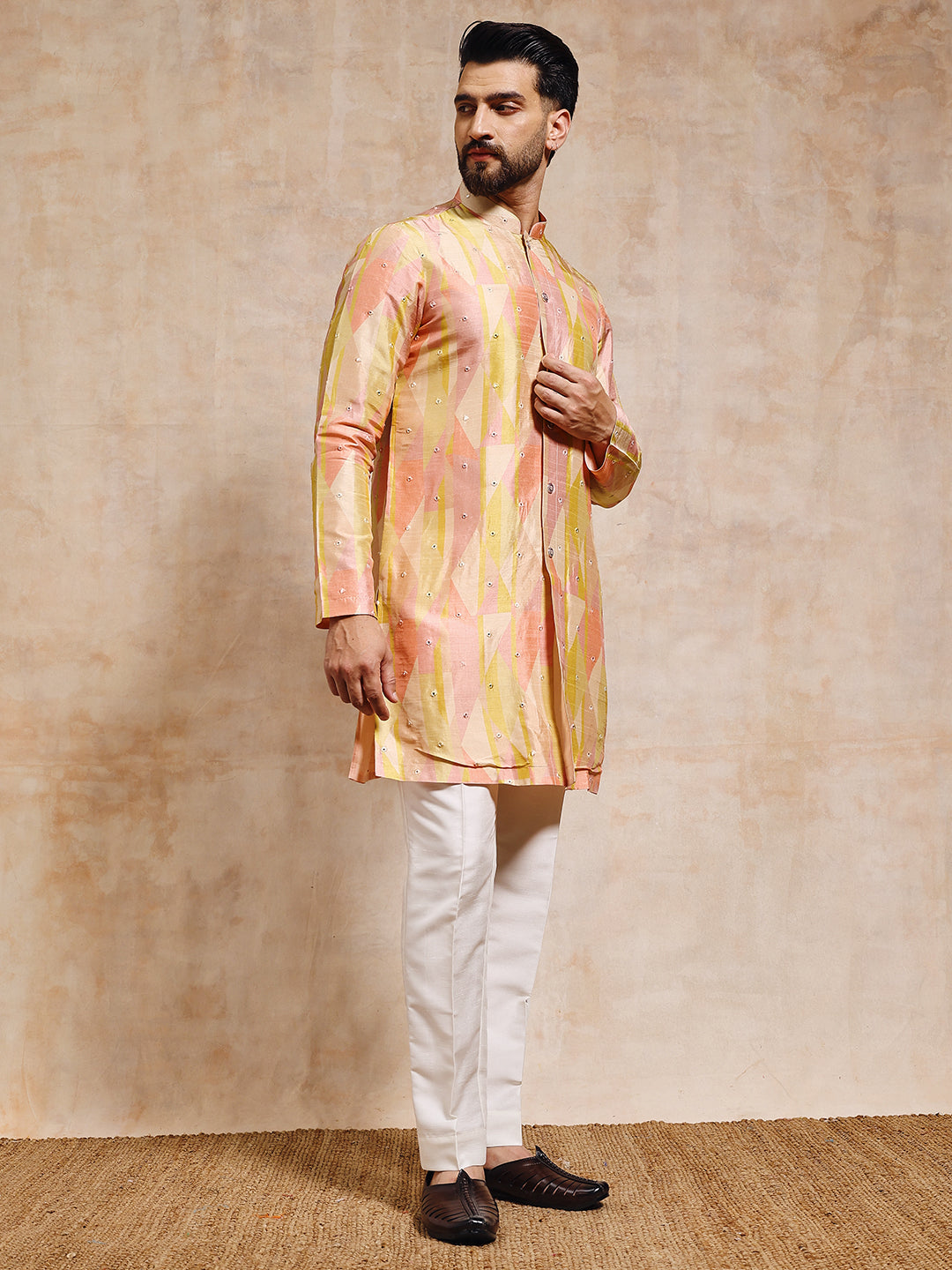 Men Printed Tussar Silk with Mirror Work Kurta Trouser Set