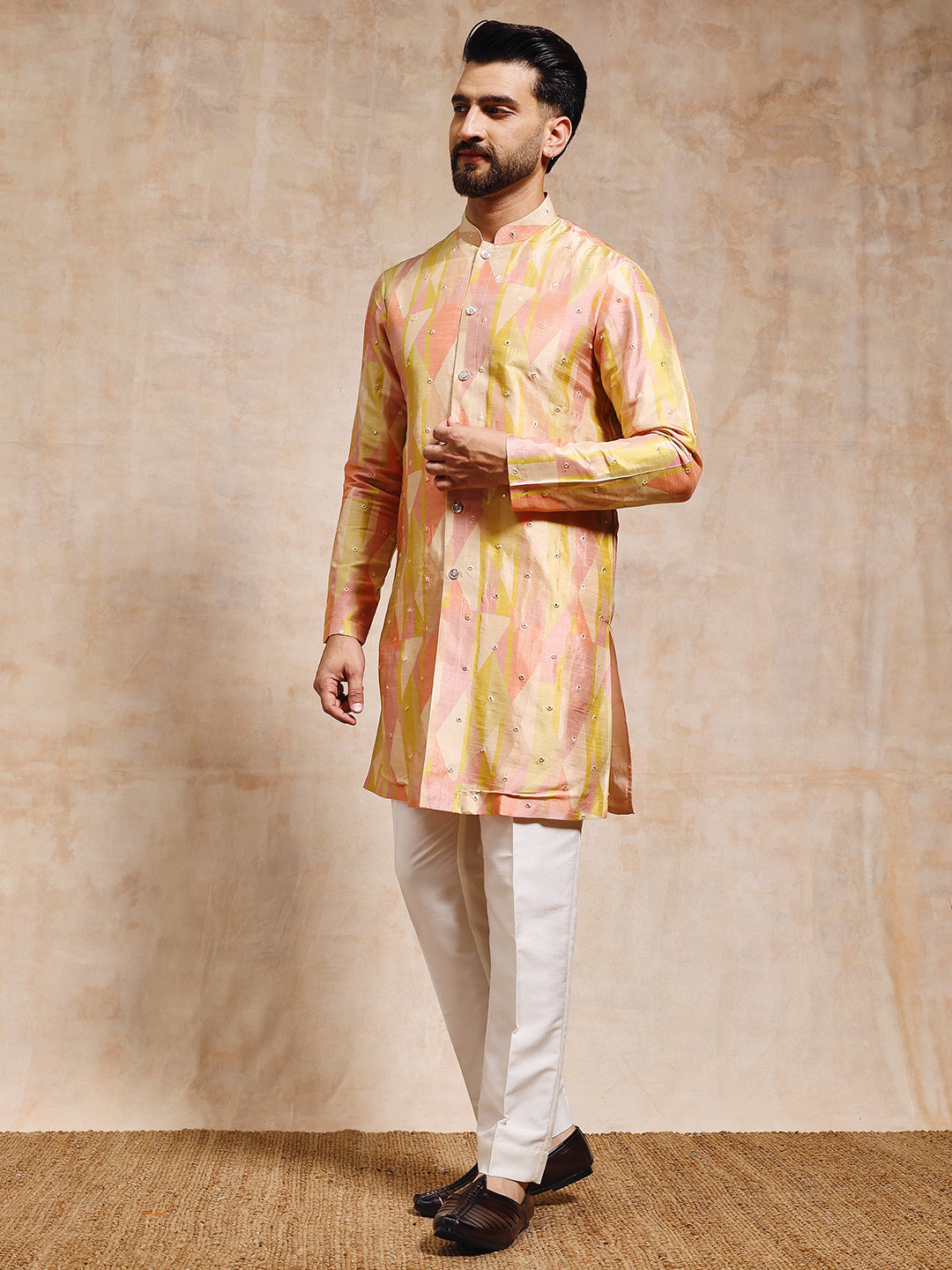 Men Printed Tussar Silk with Mirror Work Kurta Trouser Set