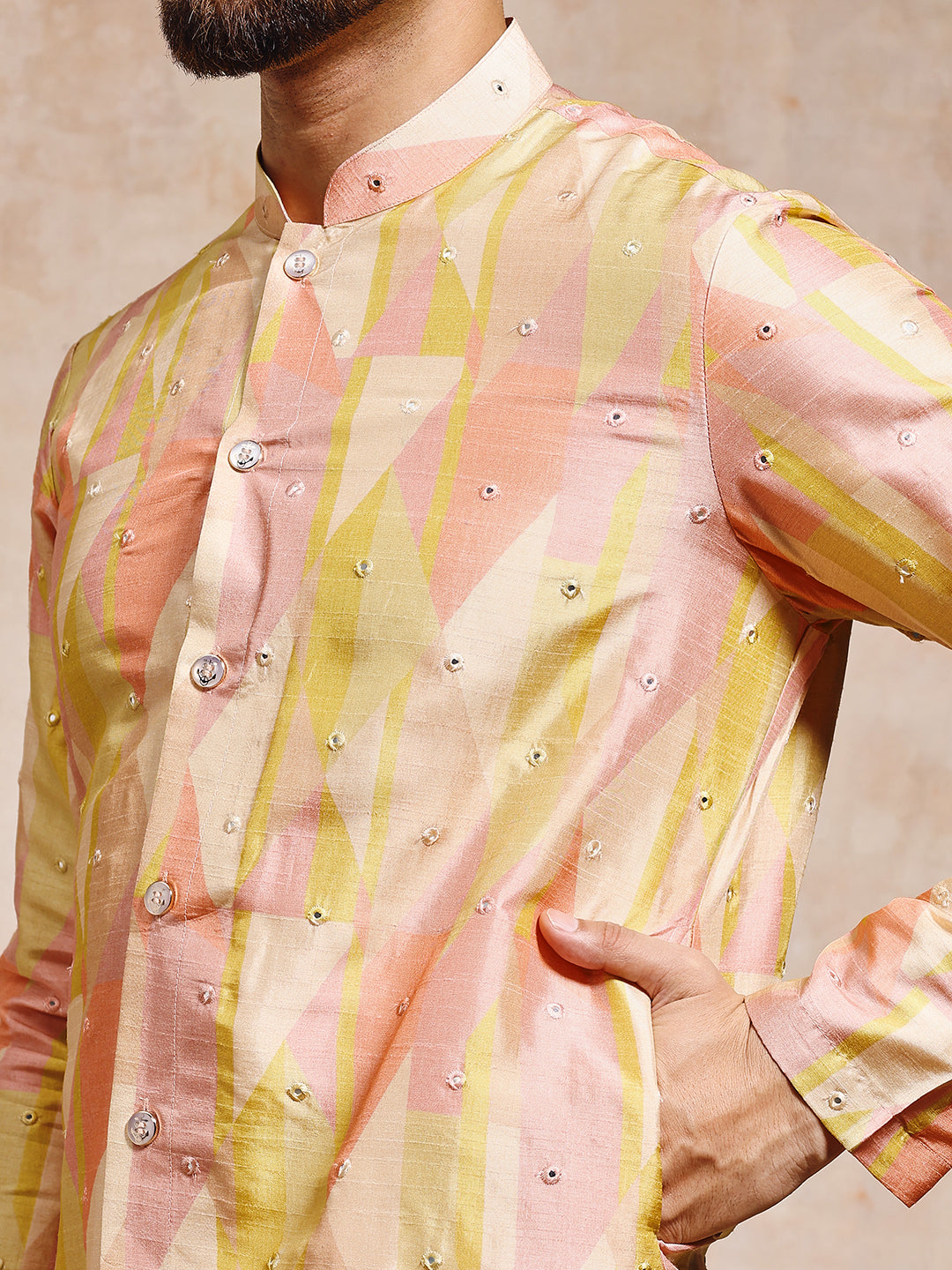 Men Printed Tussar Silk with Mirror Work Kurta Trouser Set