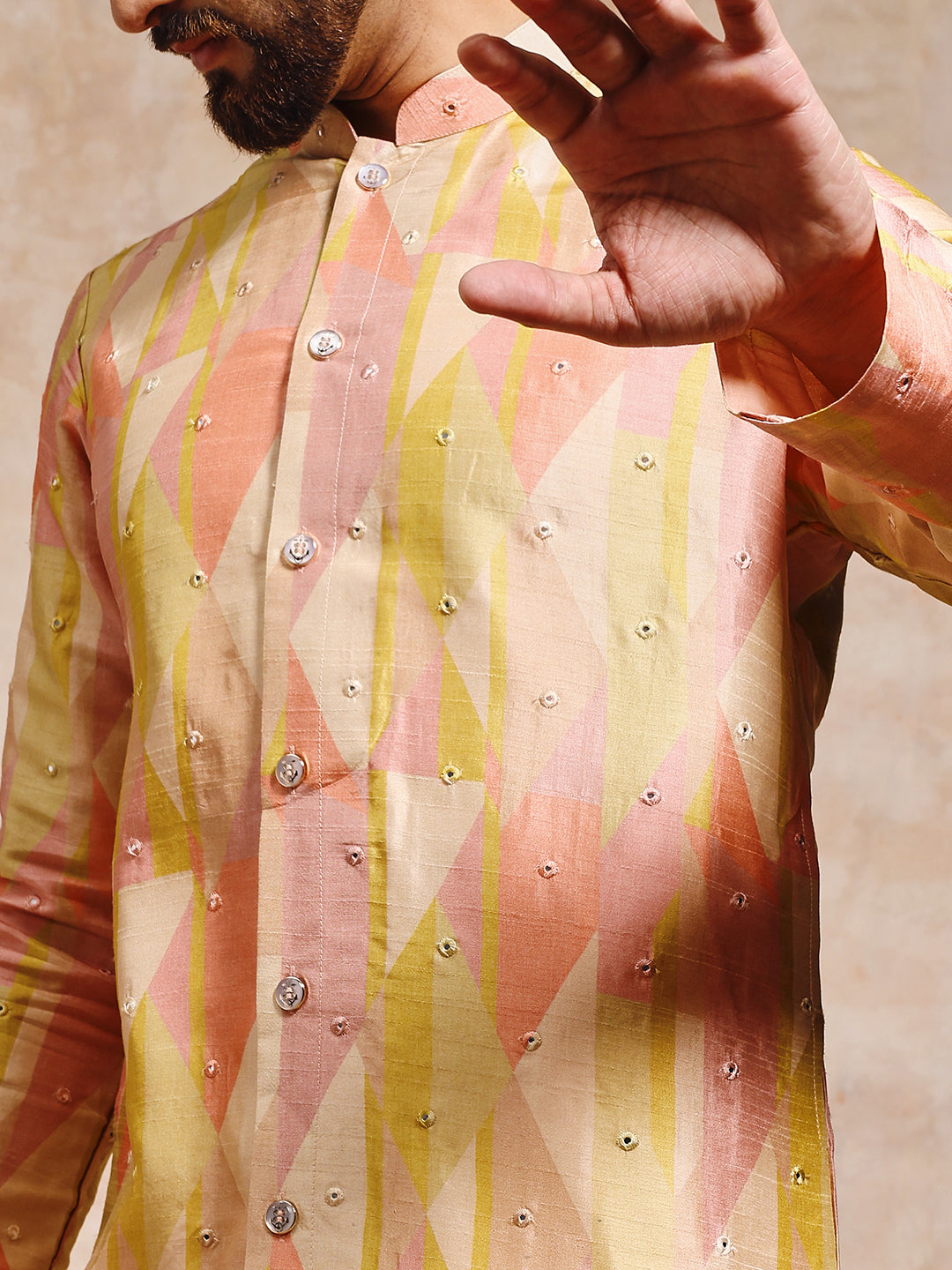 Magnet Men's Printed Tussar Silk with Mirror Work Kurta Trouser Set