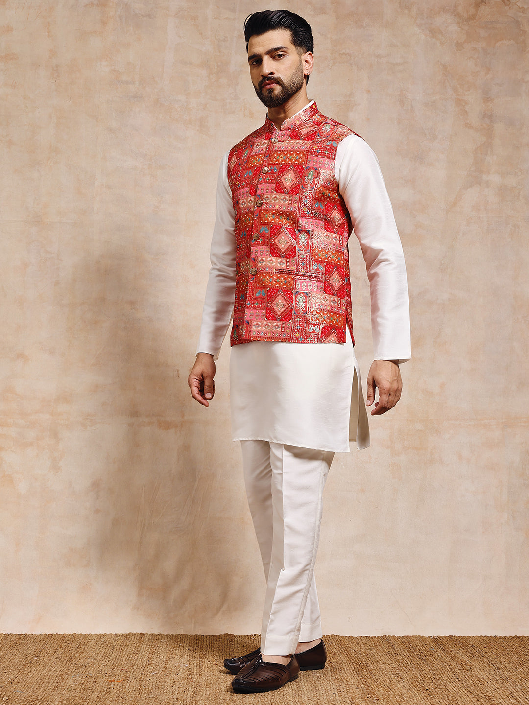 Men Red Patoda Nehru Jacket Set