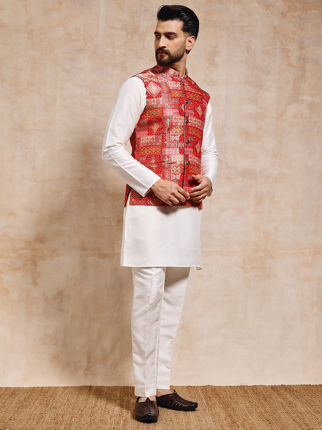 Men Red Patoda Nehru Jacket Set
