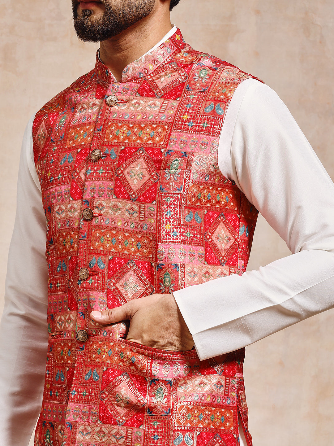 Men Red Patoda Nehru Jacket Set