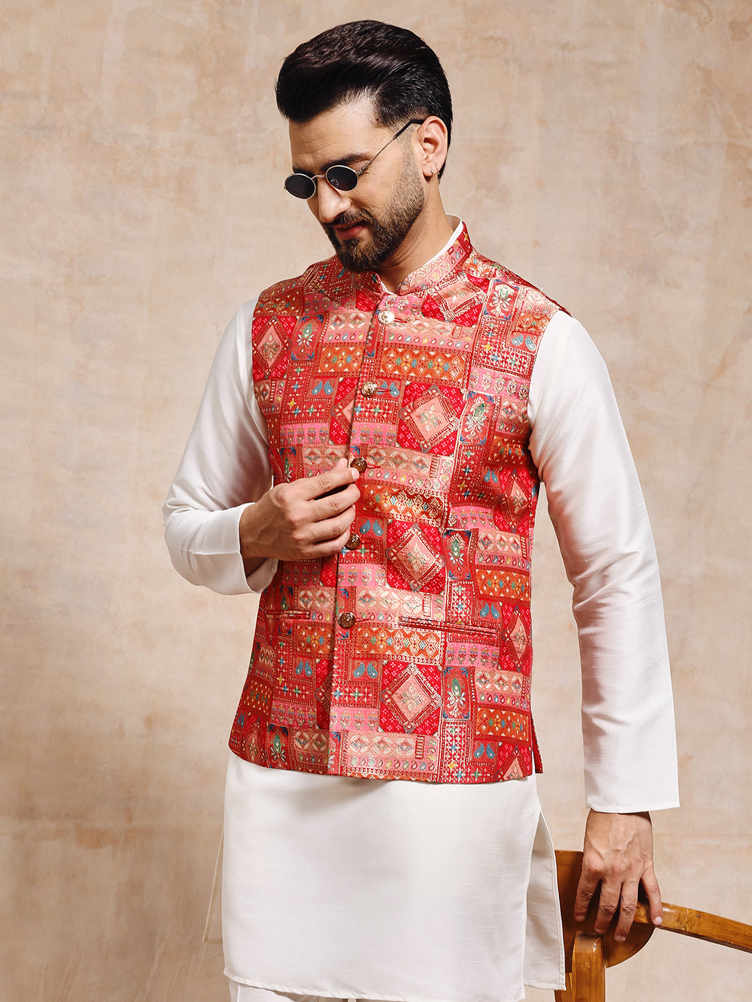 Men Red Patoda Nehru Jacket Set