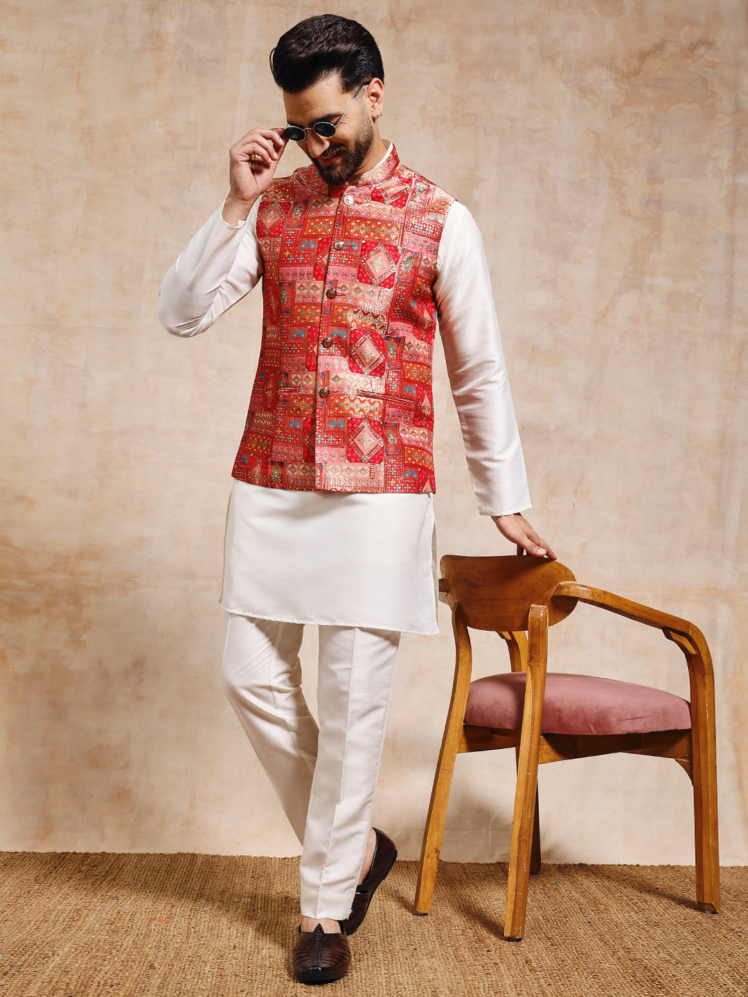 Men Red Patoda Nehru Jacket Set