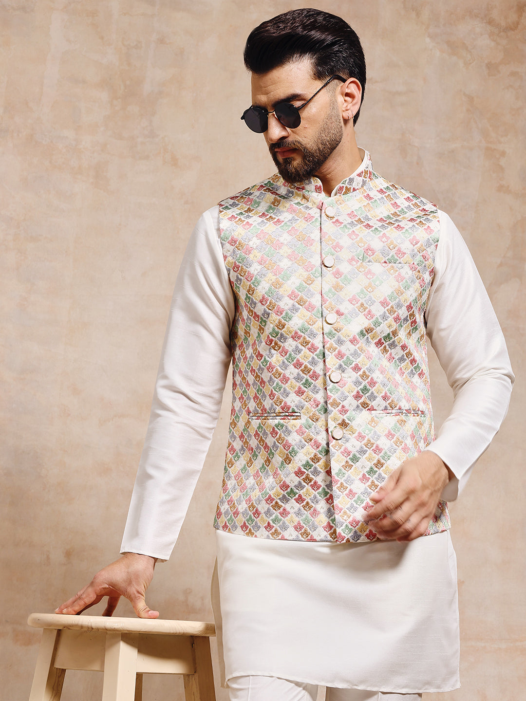 Men Multi White Nehru Jacket Set