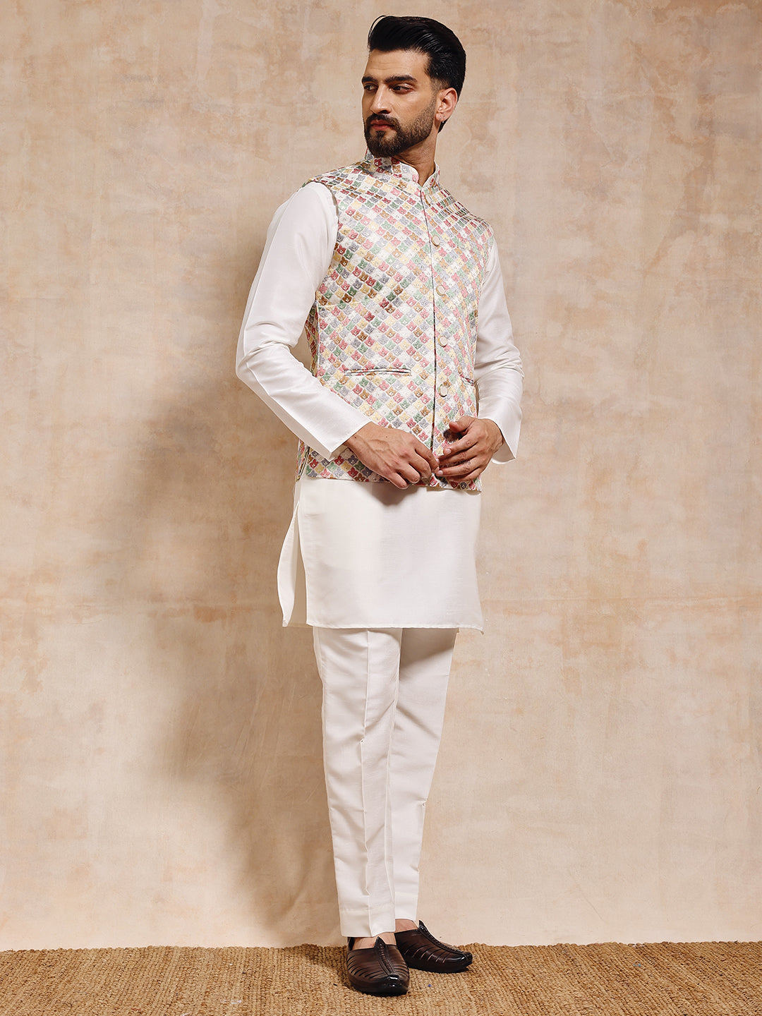 Men Multi White Nehru Jacket Set