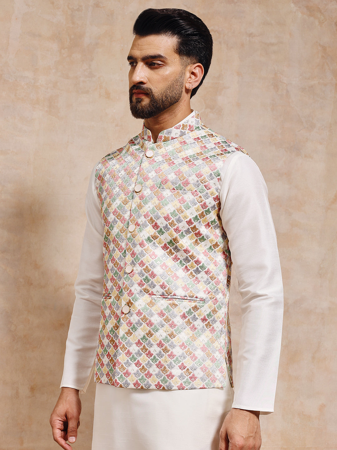 Men Multi White Nehru Jacket Set